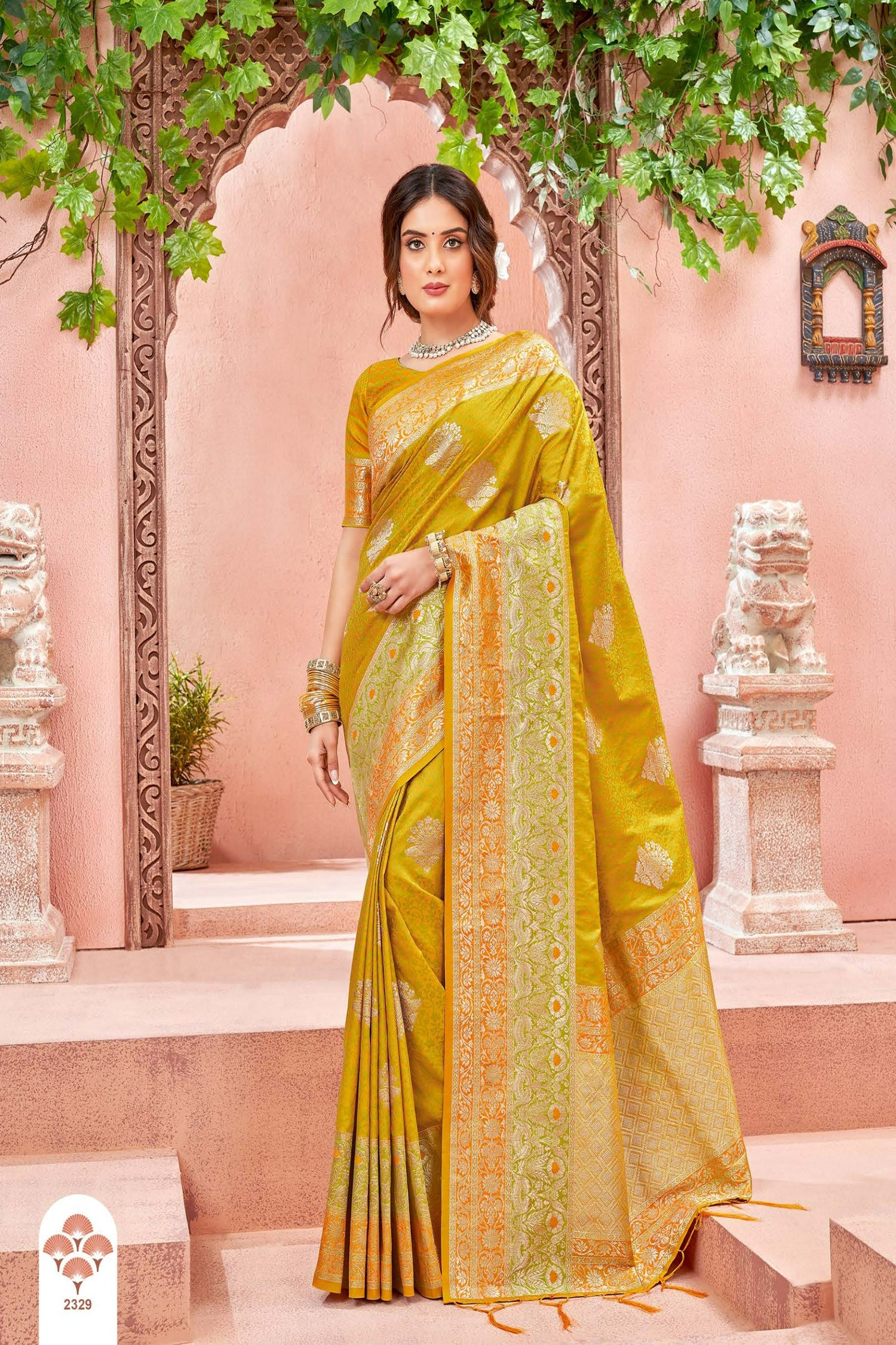 Vibrant Yellow And Lime Satin Saree With Gold Zari