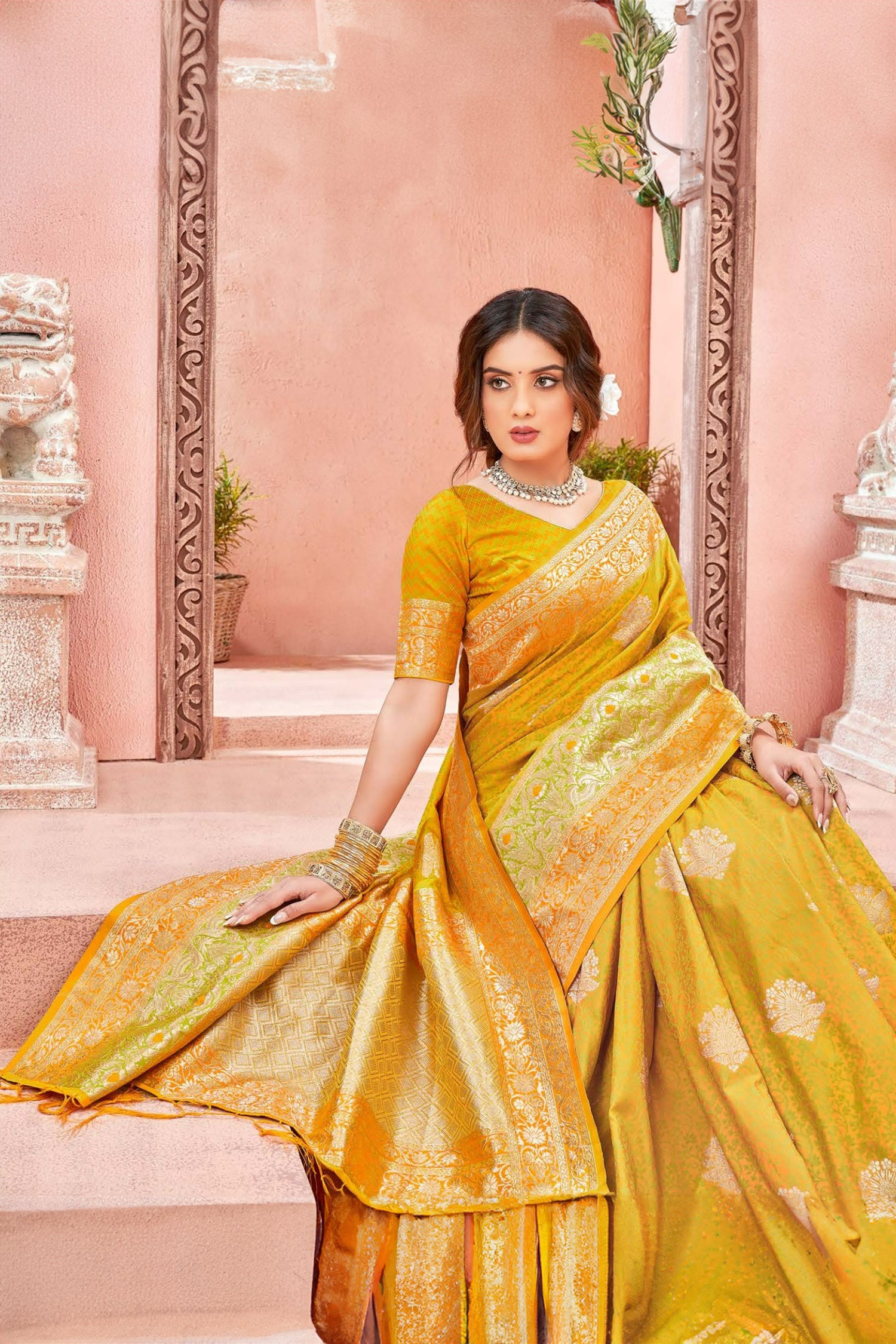 Vibrant Yellow And Lime Satin Saree With Gold Zari