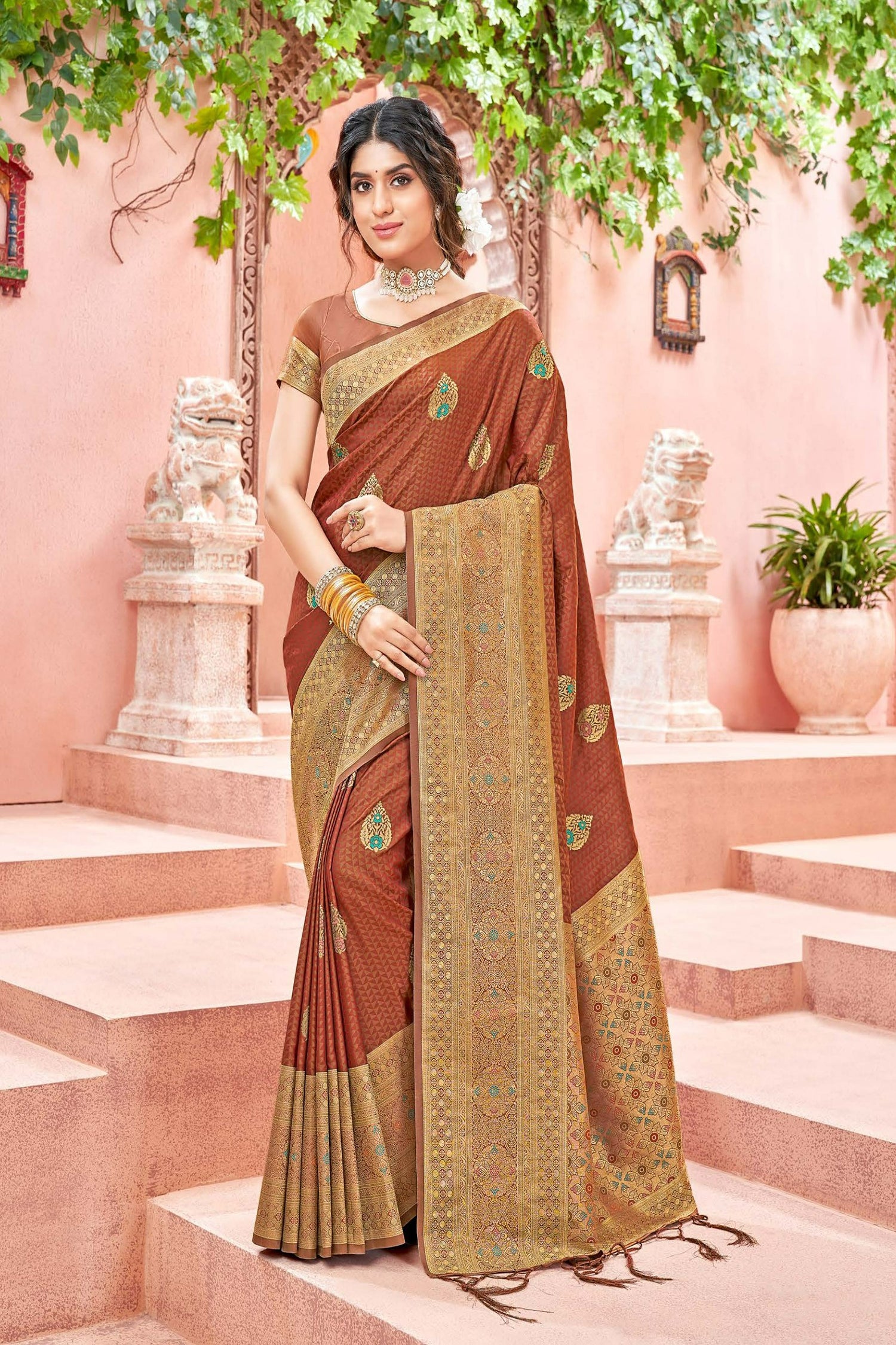 Brown Satin Saree With Blue Meenakari