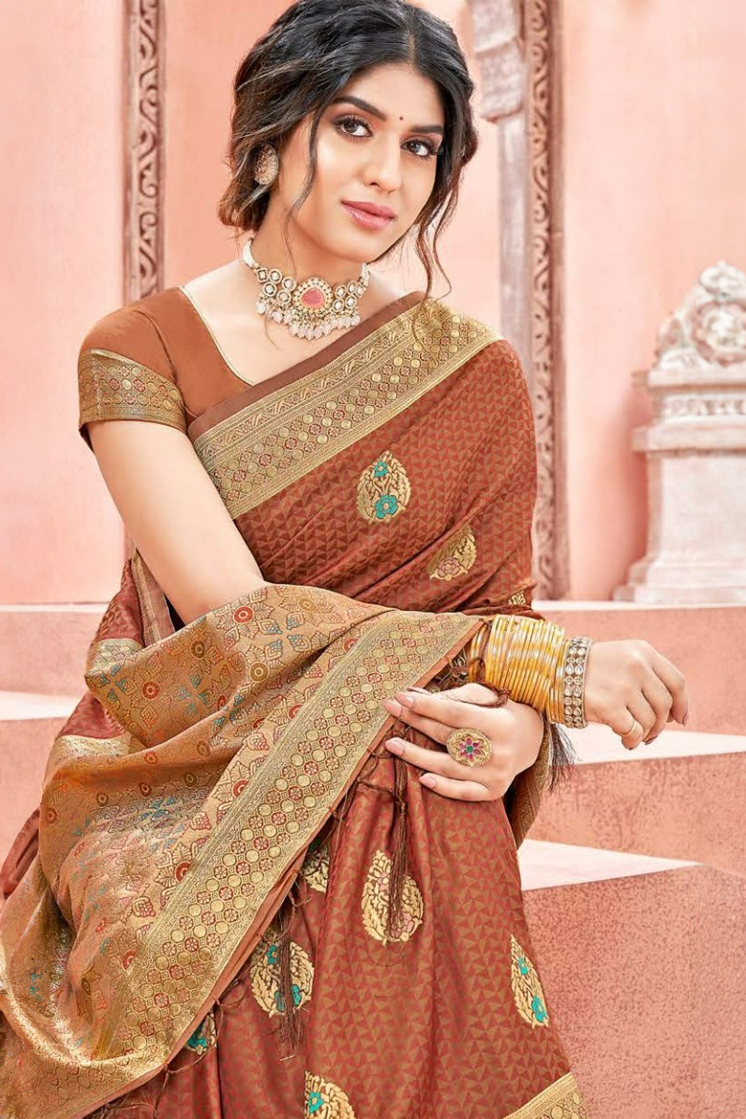 Brown Satin Saree With Blue Meenakari