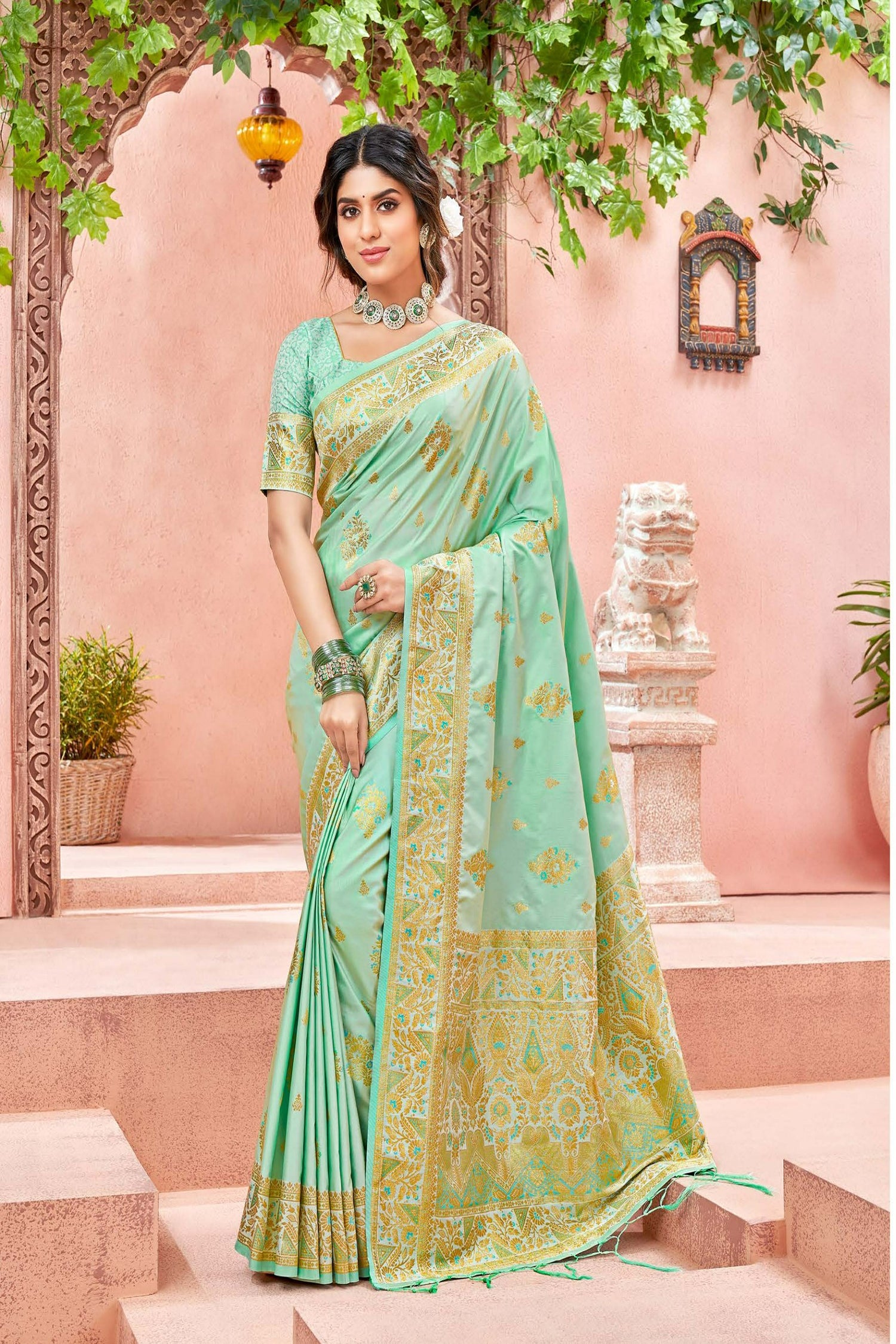 Pista Green Satin Saree