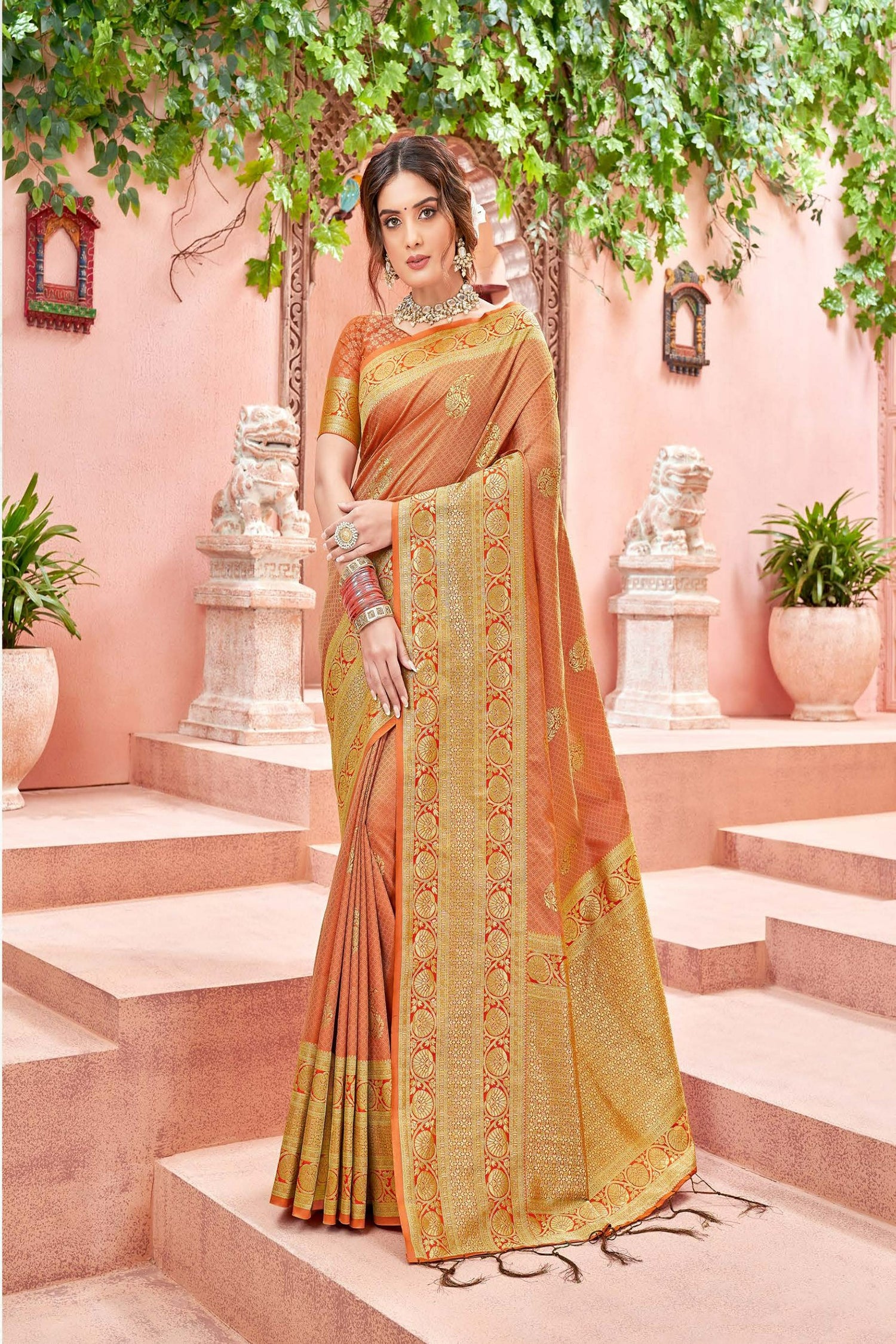 Dark Peach Satin Saree With Golden Border