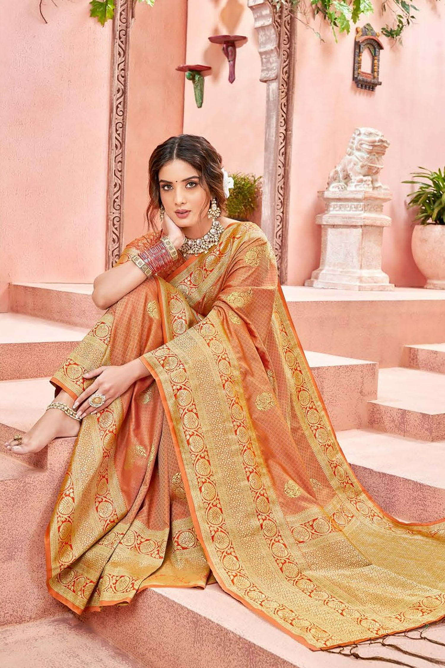 Dark Peach Satin Saree With Golden Border