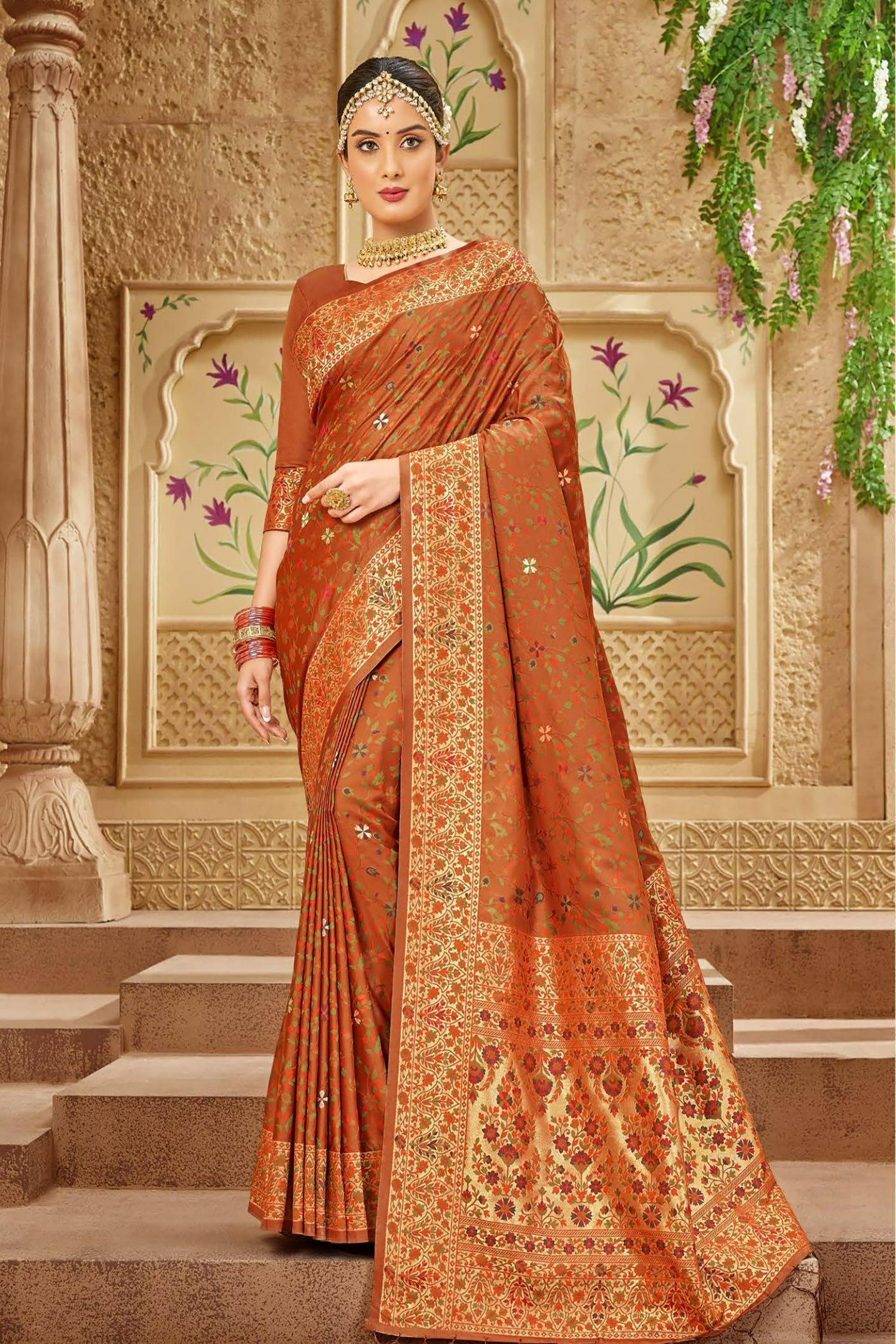 Rich Brown Satin Saree With Vintage Flair