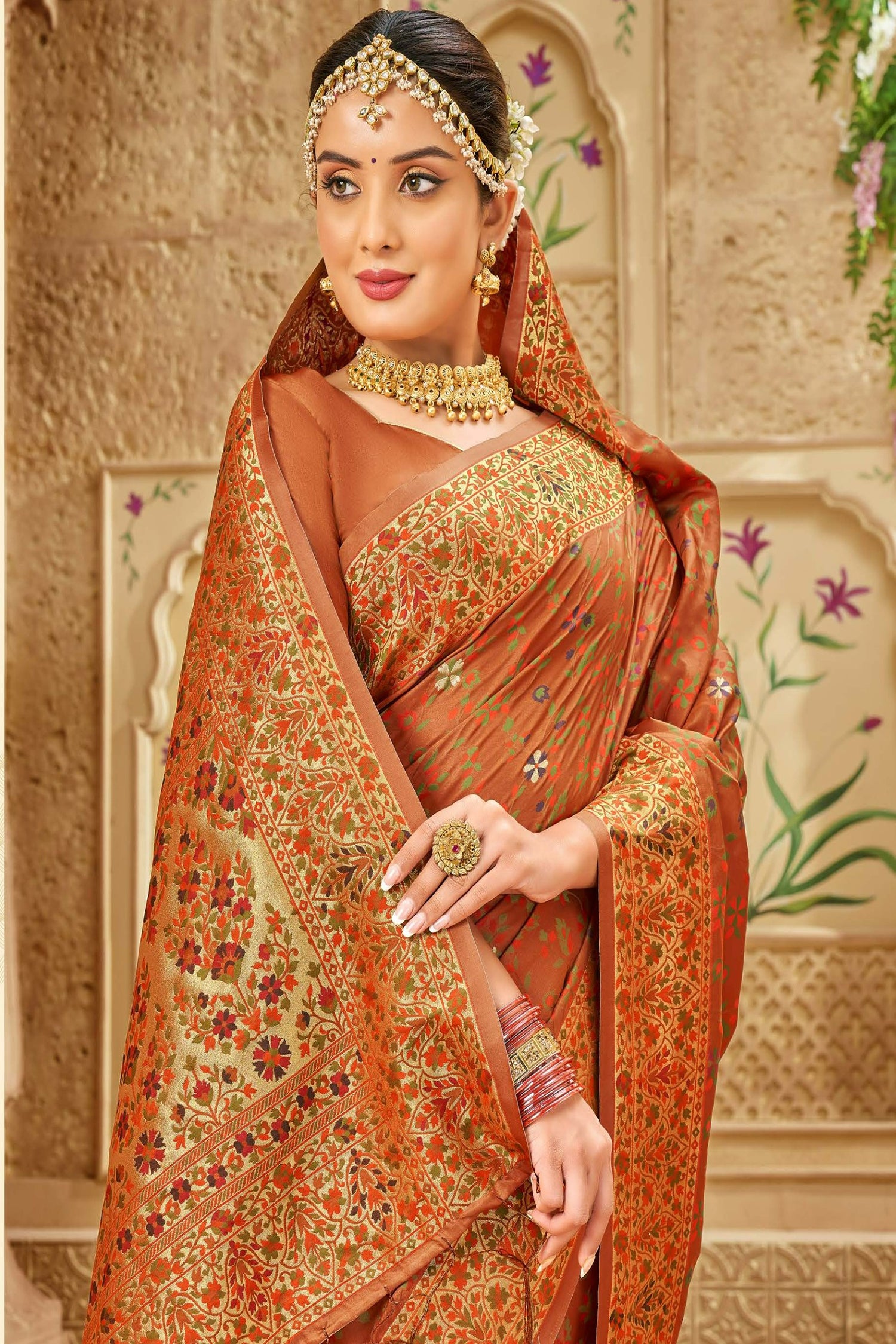 Rich Brown Satin Saree With Vintage Flair