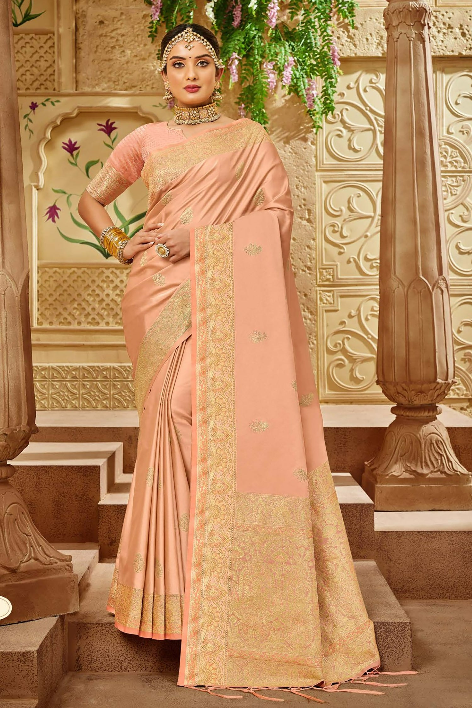 Peach Satin Saree With Golden Zari