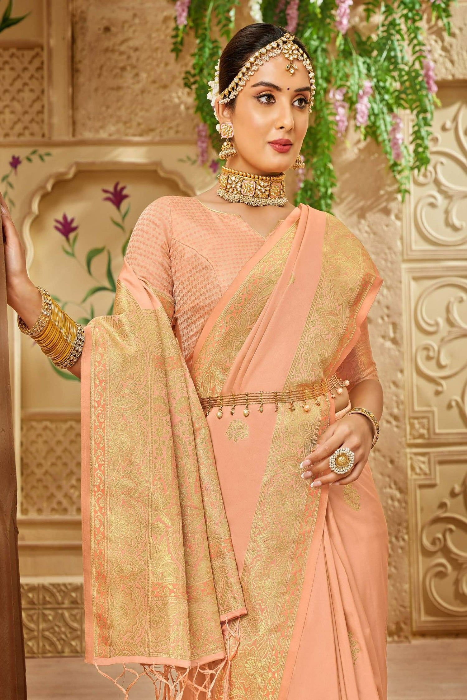 Peach Satin Saree With Golden Zari