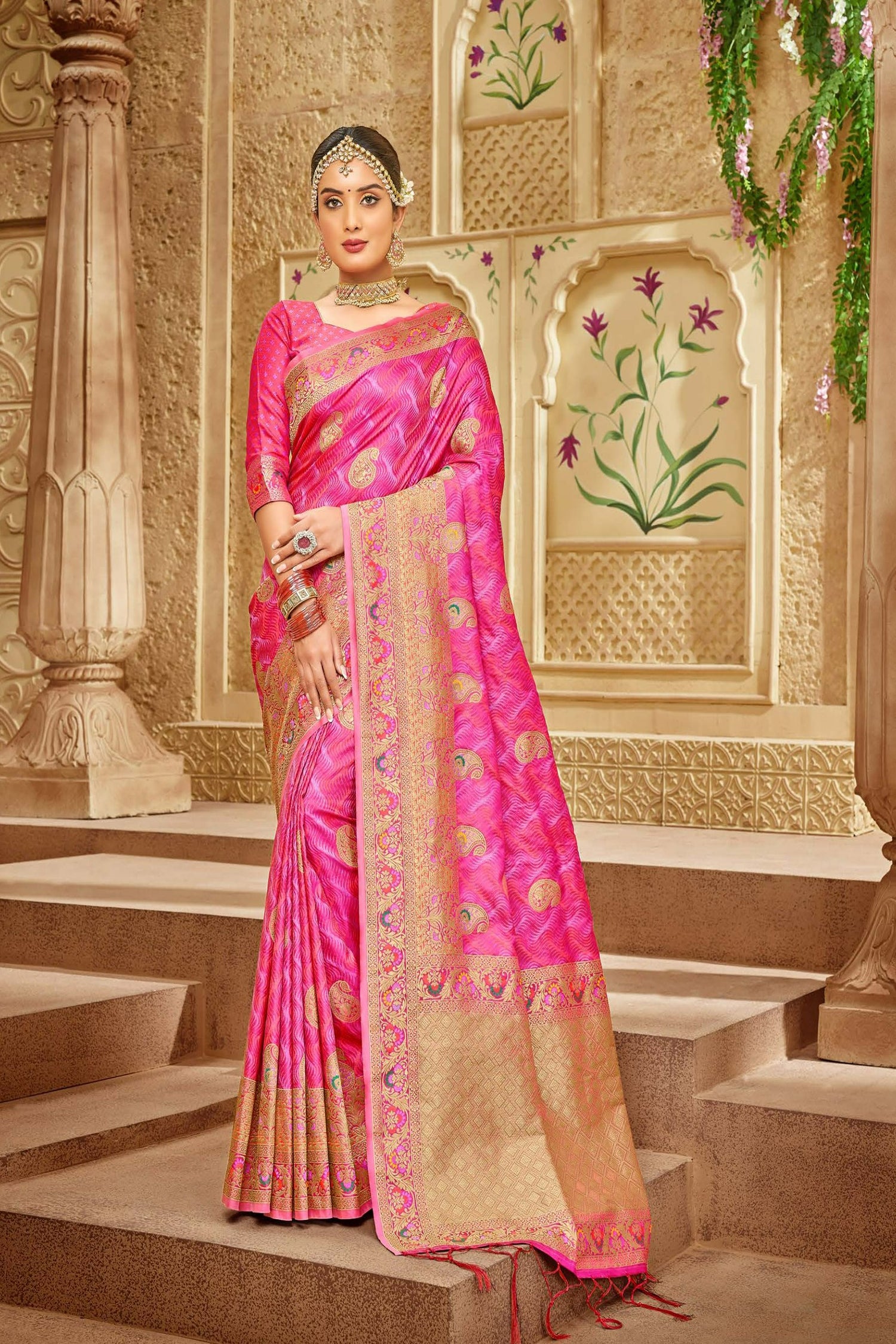Rani Pink Satin Saree With Meenakari