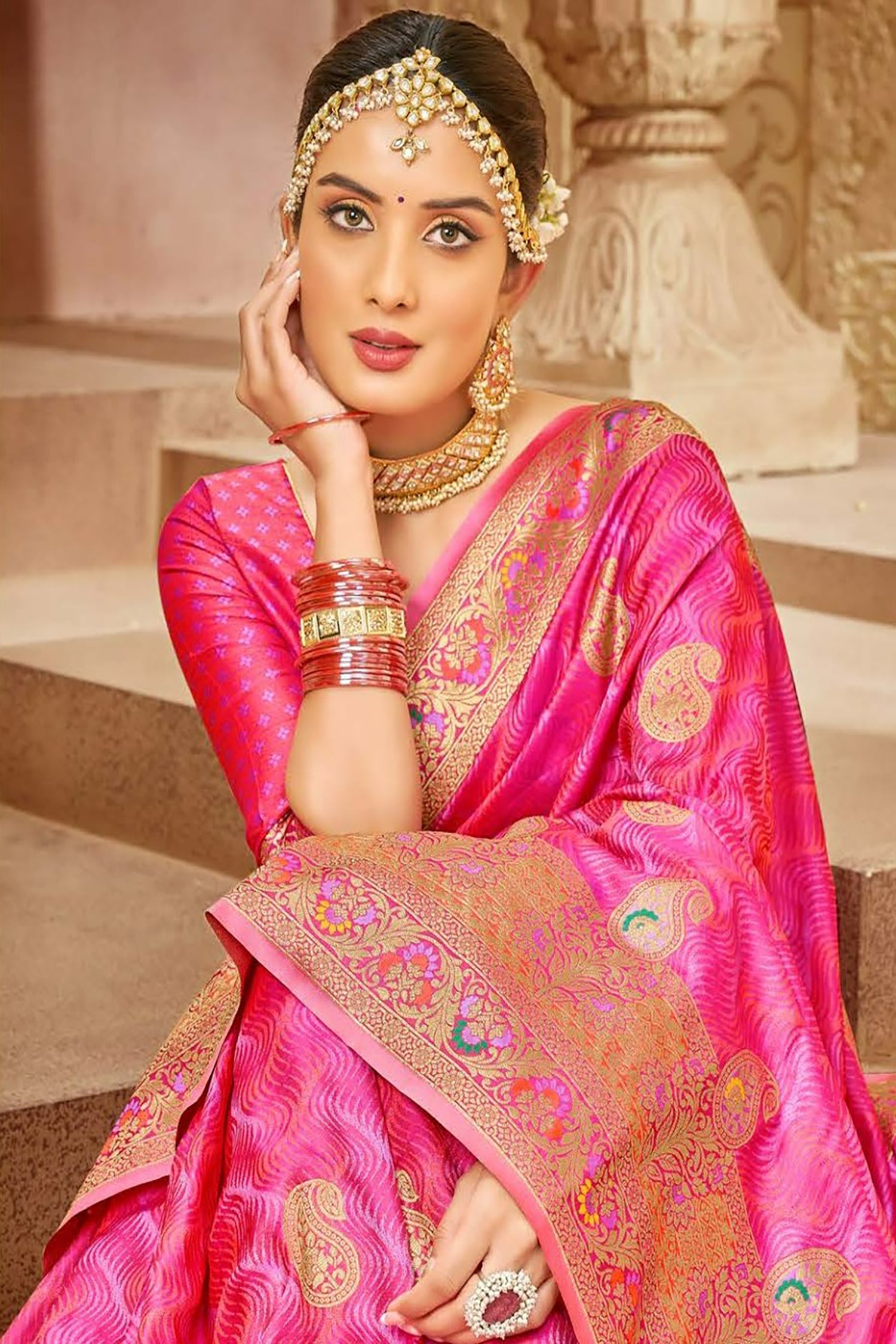 Rani Pink Satin Saree With Meenakari