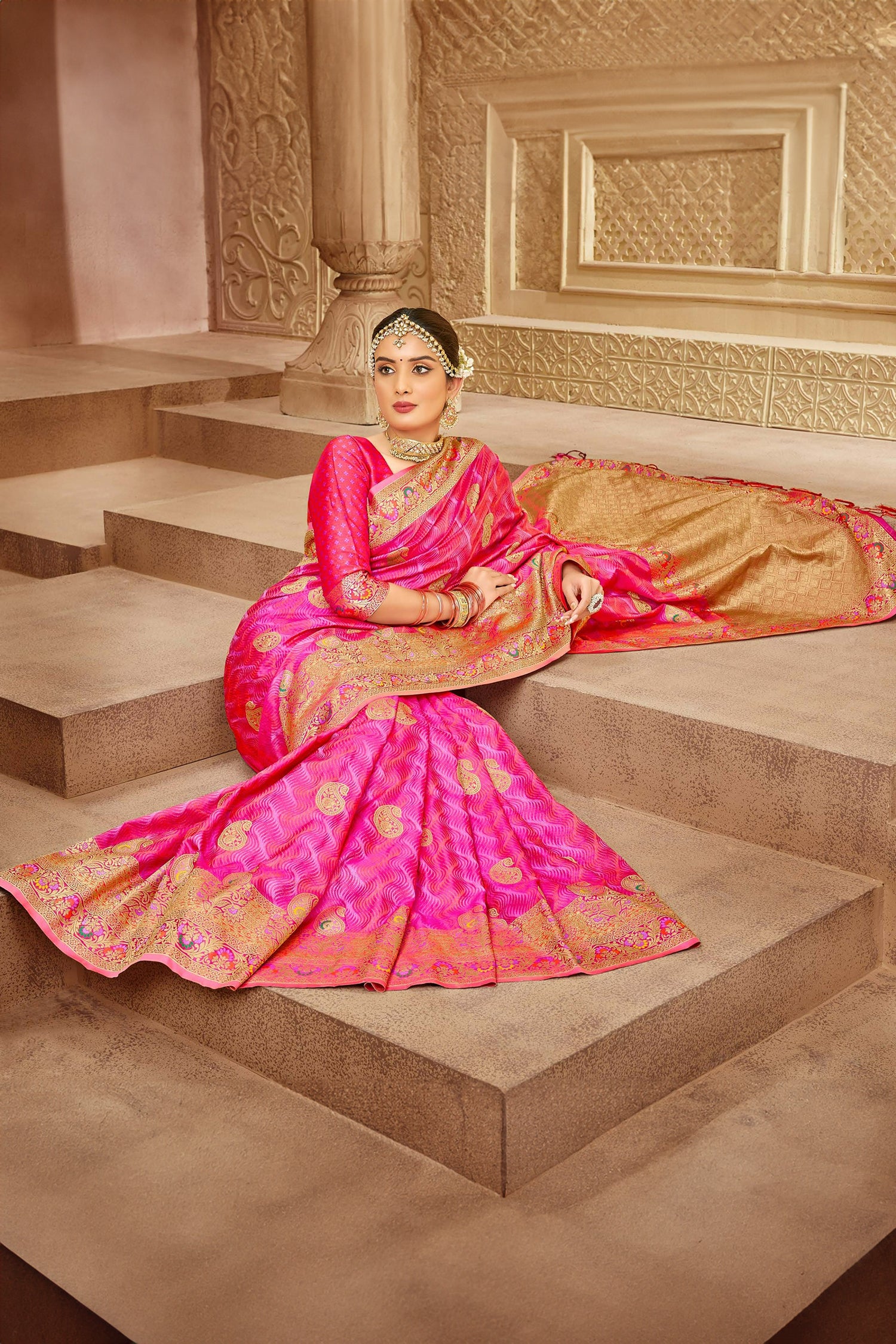 Rani Pink Satin Saree With Meenakari