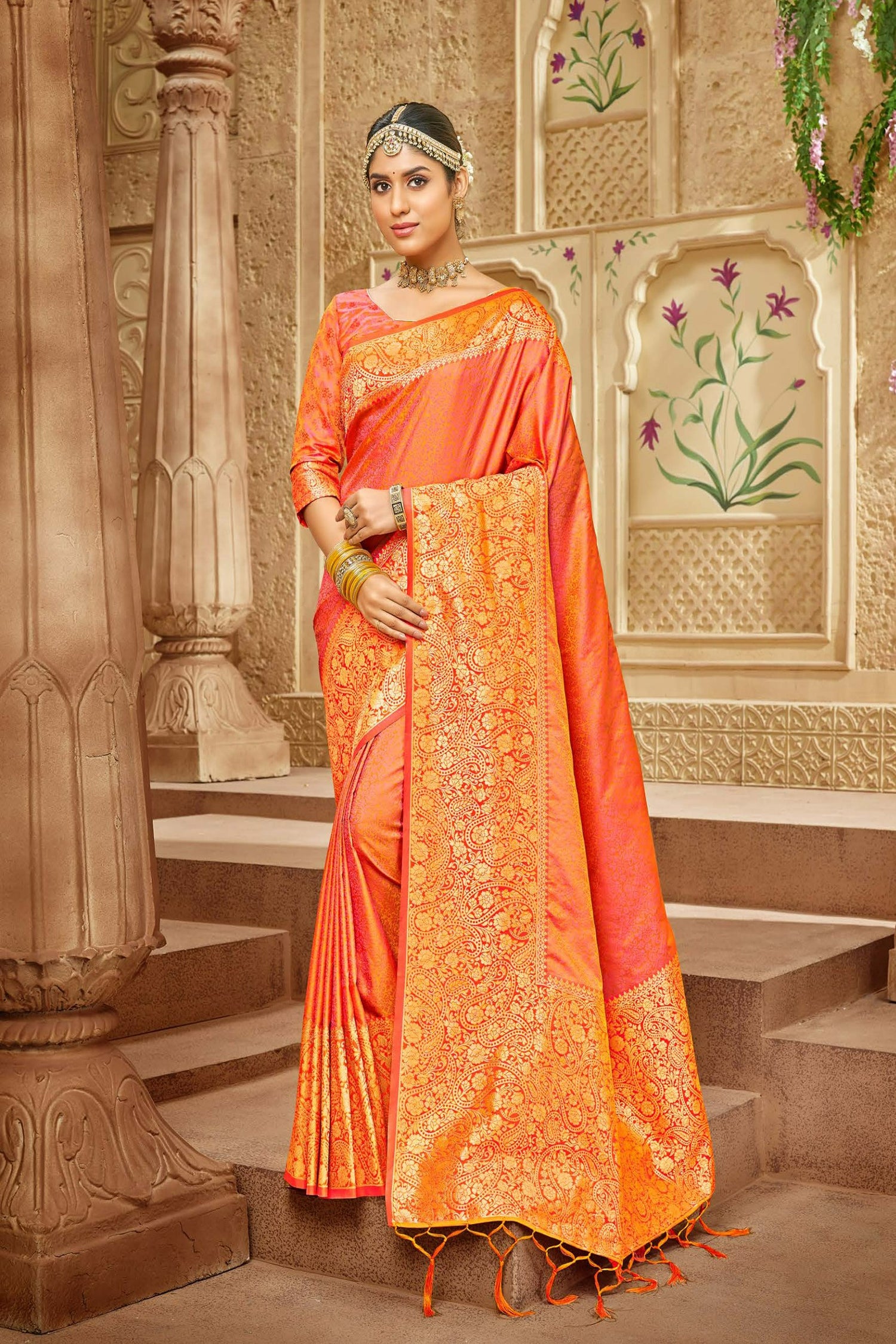 Orange Satin Saree With Intricate Body And Border Designs