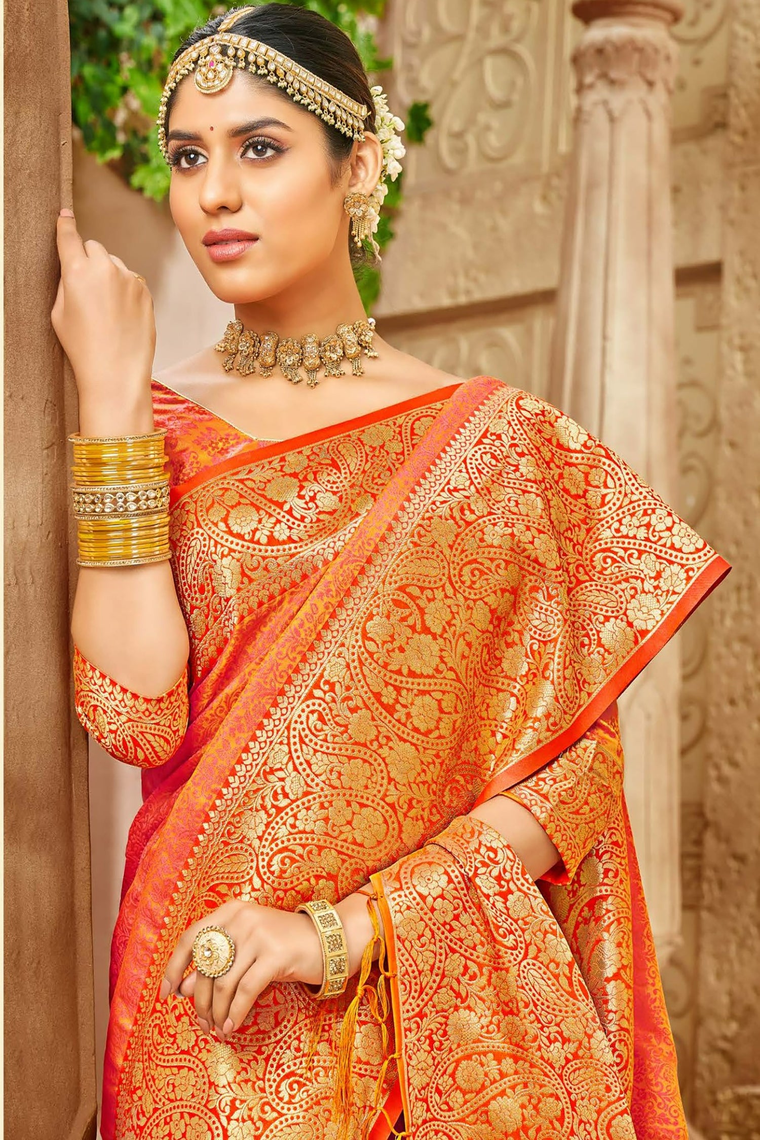 Orange Satin Saree With Intricate Body And Border Designs