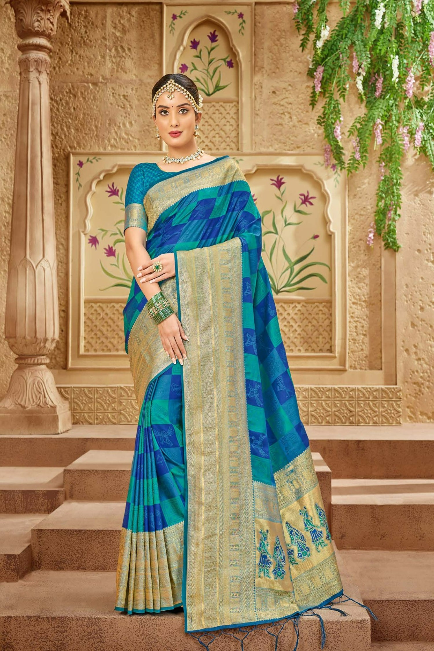 Teal Blue Satin Saree