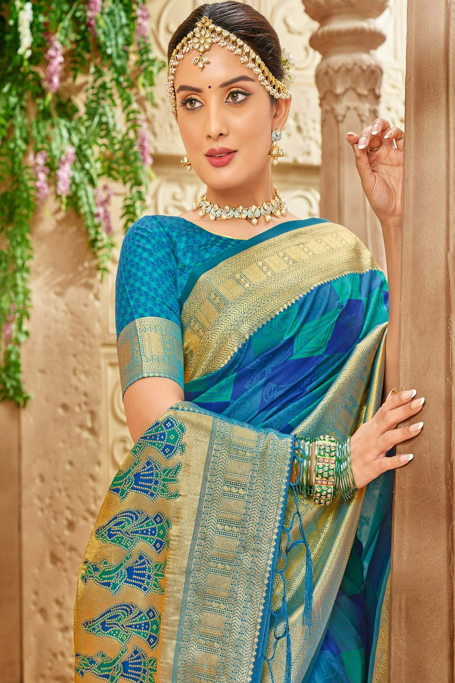 Teal Blue Satin Saree