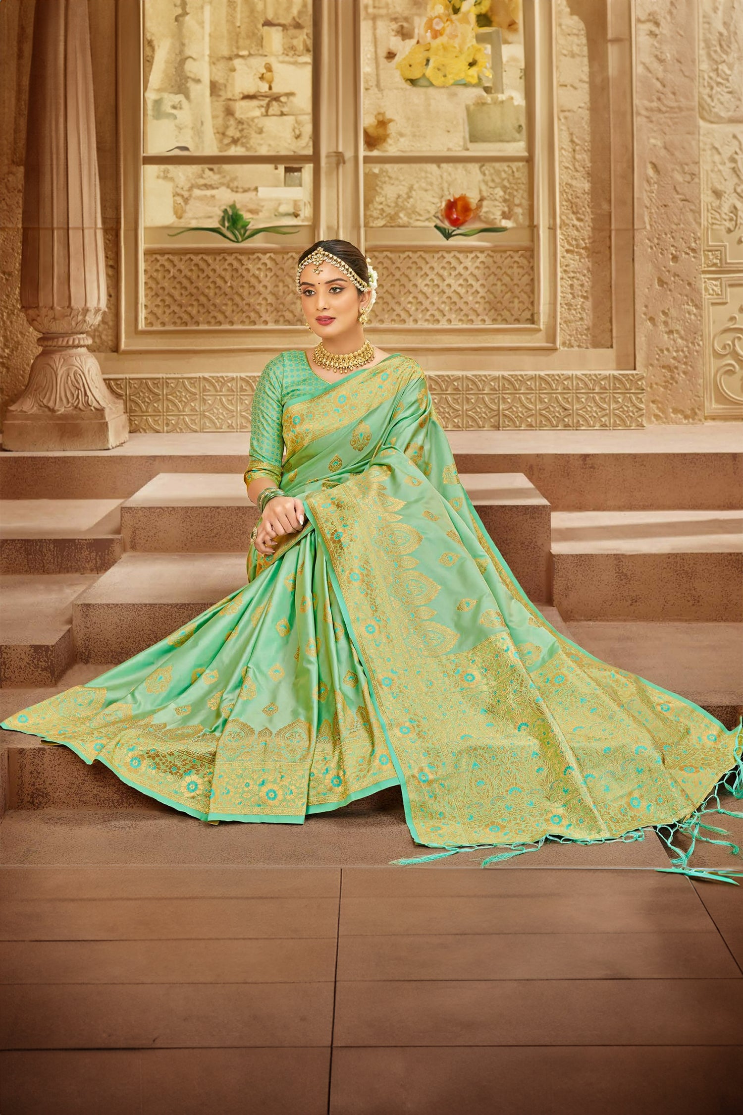 Whimsical Pista Green Satin Saree