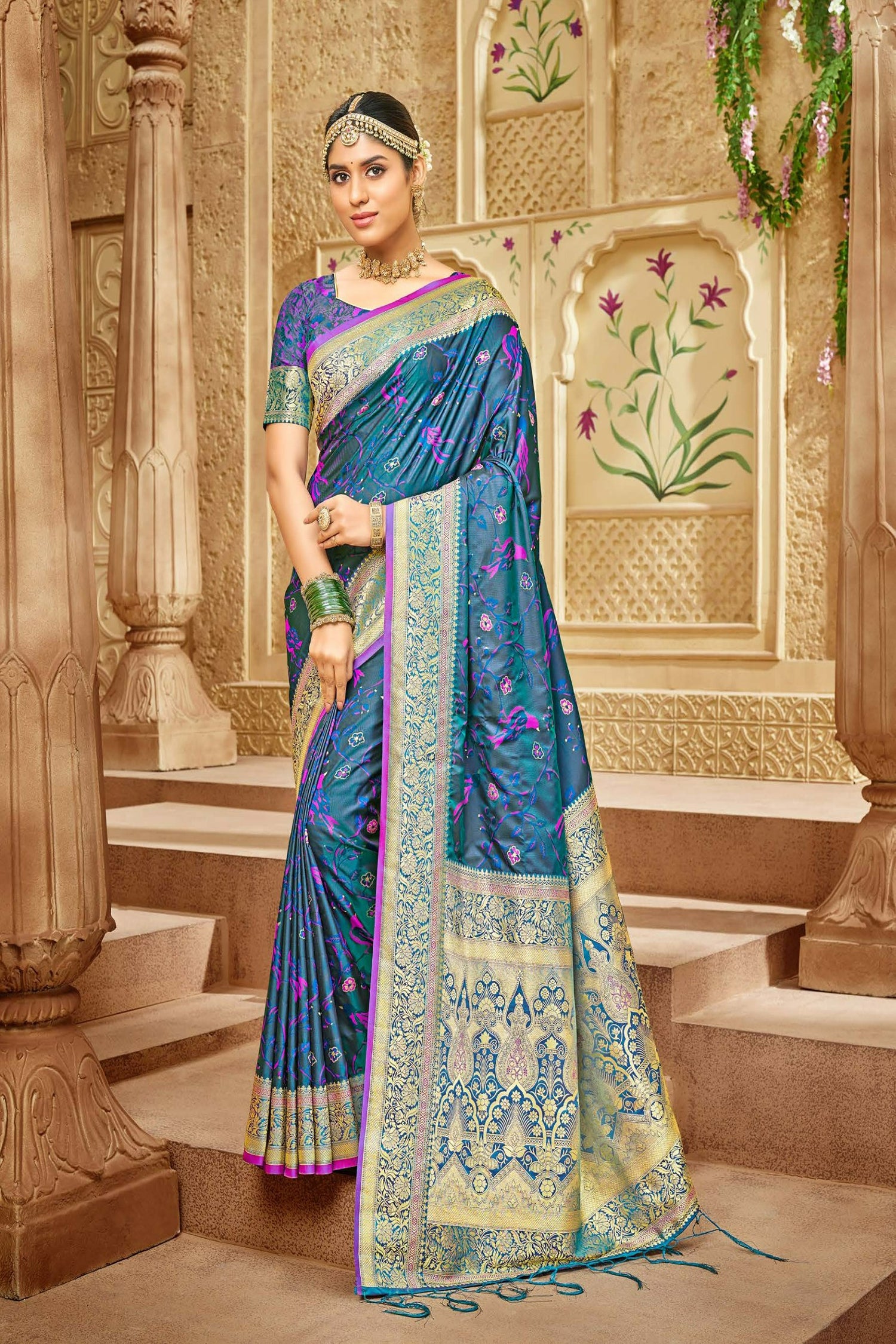 Dreamy Blue Satin Saree With Bird Motifs And Gold Zari