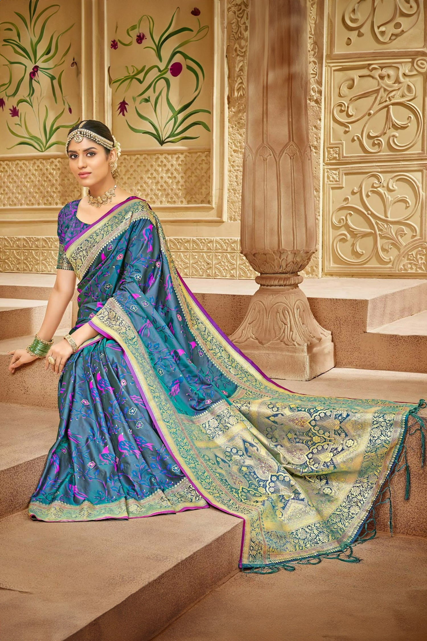 Dreamy Blue Satin Saree With Bird Motifs And Gold Zari