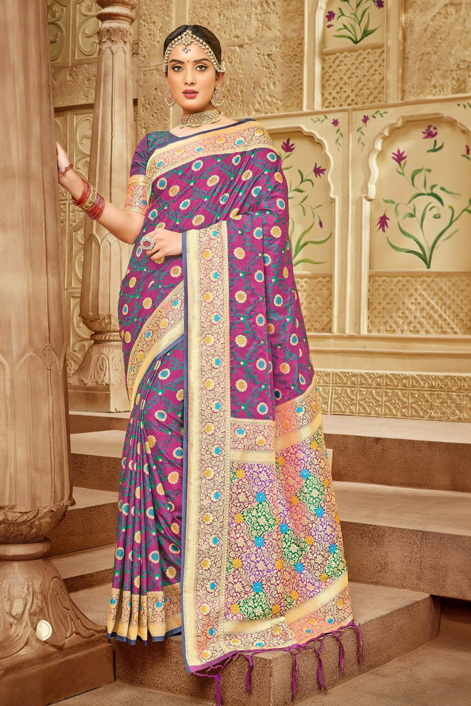 Purple Floral Satin Saree With Meenakari