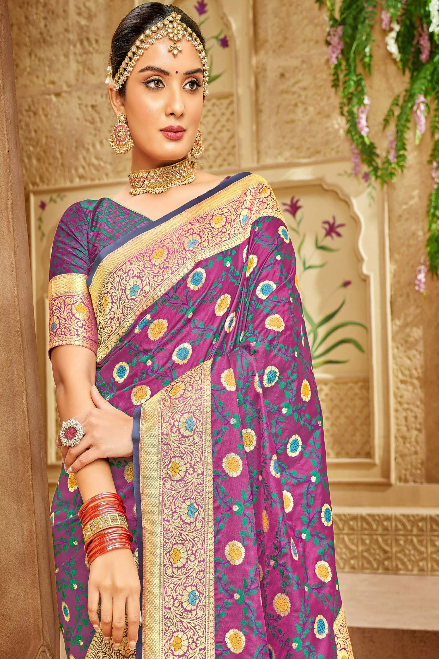 Purple Floral Satin Saree With Meenakari