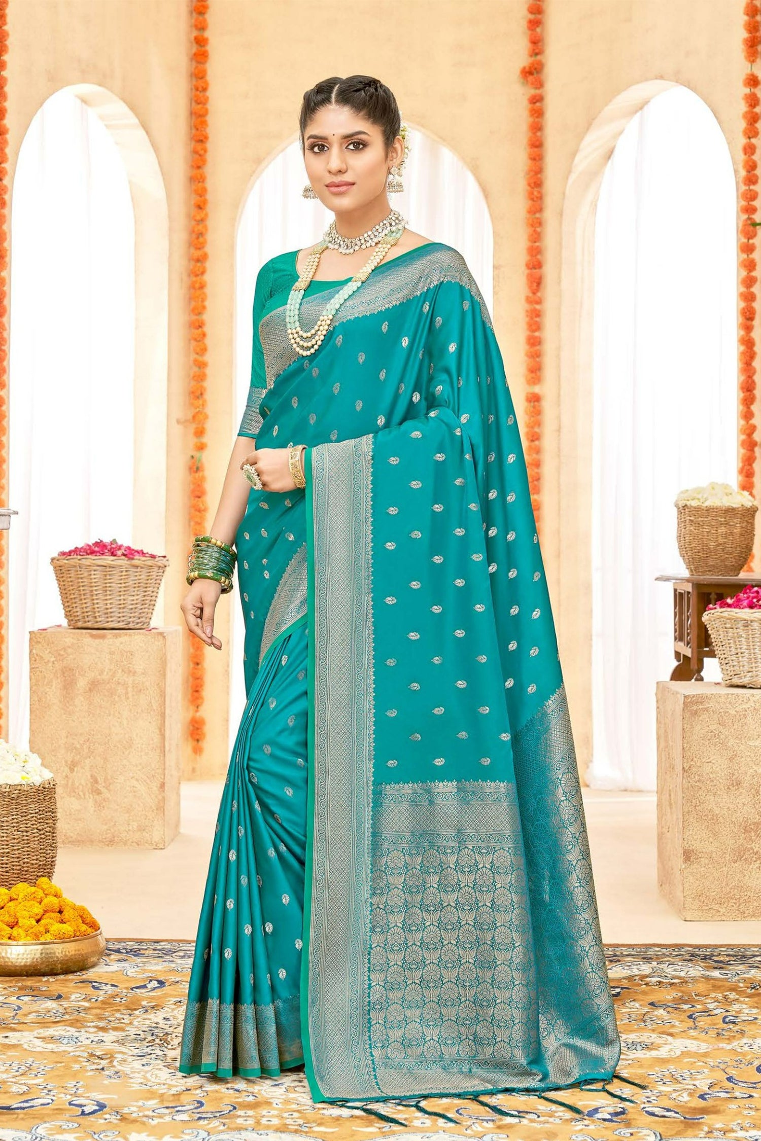 Sky Blue Satin Saree With Silver Zari