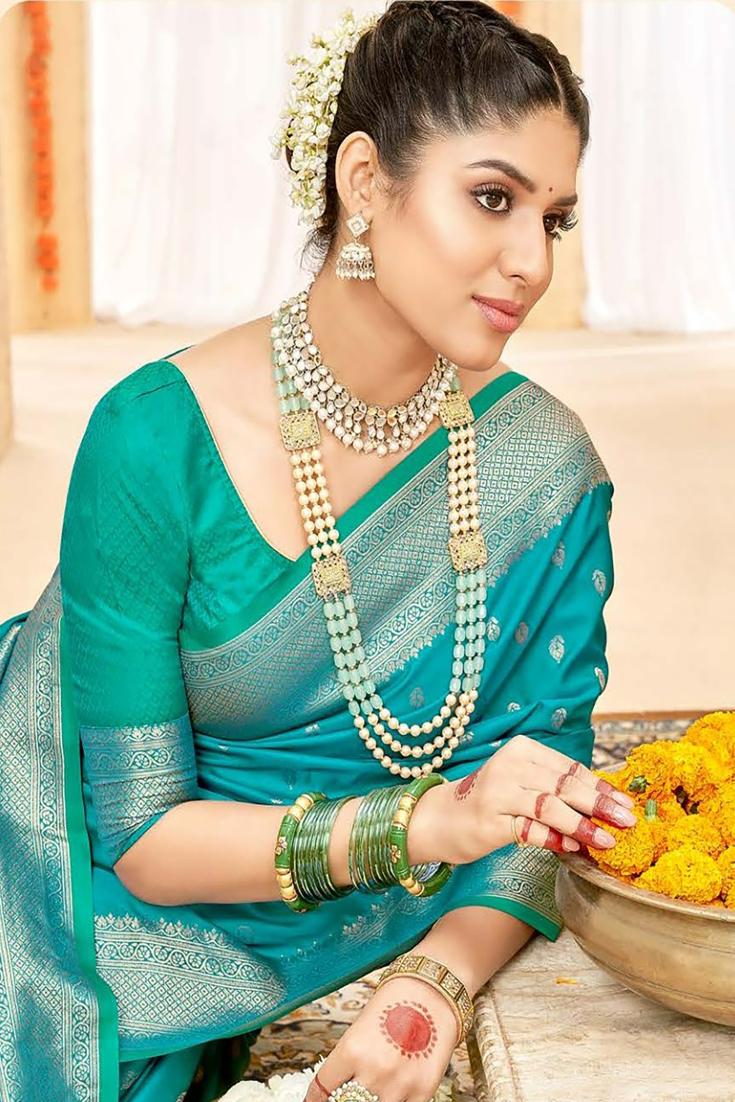 Sky Blue Satin Saree With Silver Zari