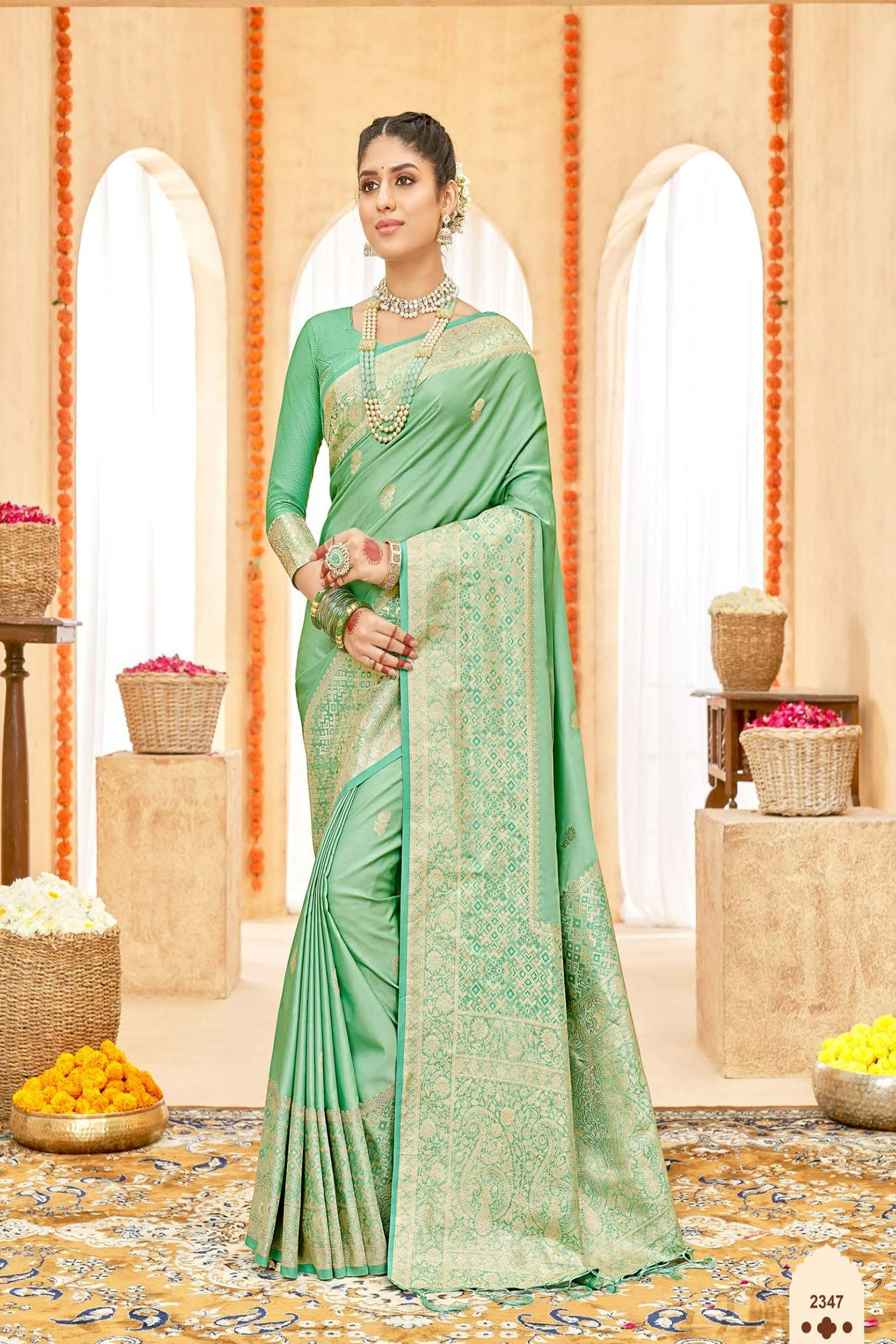 Pista Green Satin Saree With Light Gold Zari