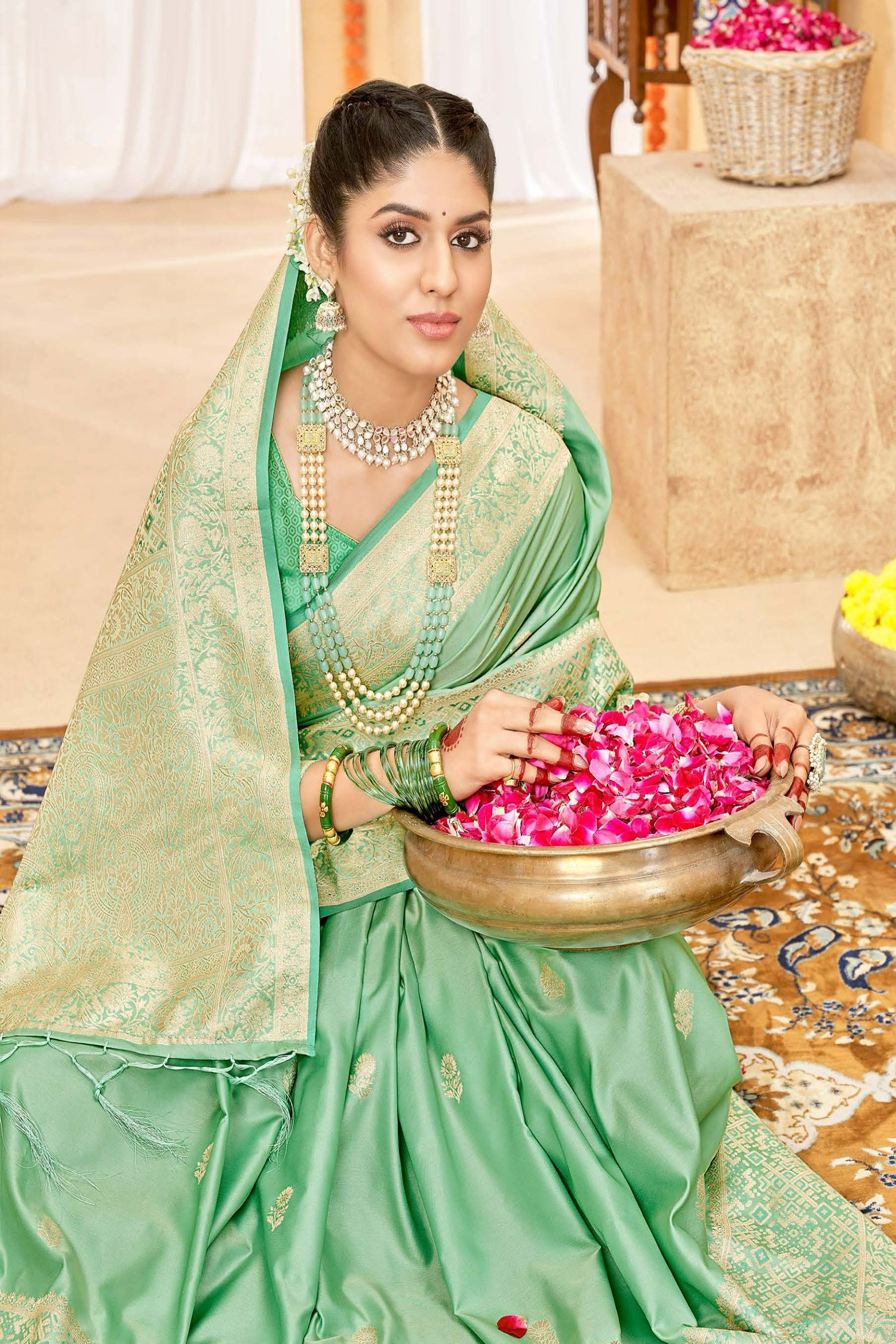 Pista Green Satin Saree With Light Gold Zari