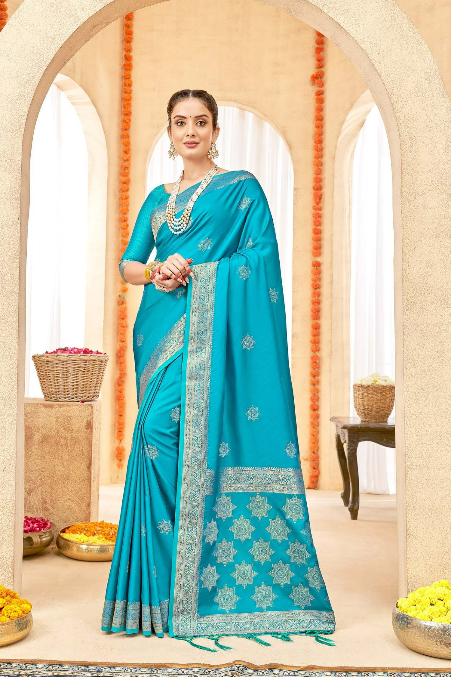 Sky Blue Satin Saree With Light Gold Zari