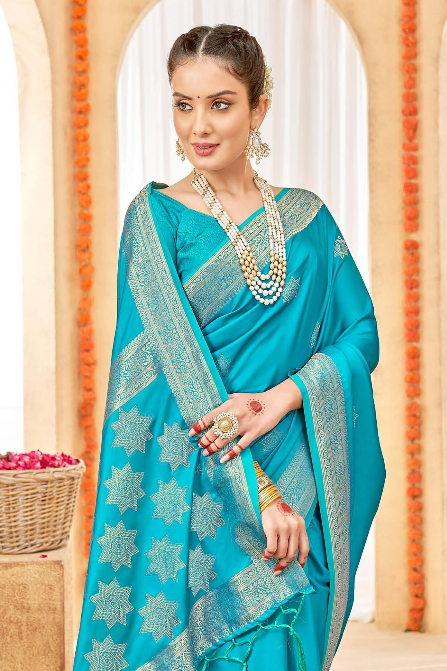 Sky Blue Satin Saree With Light Gold Zari