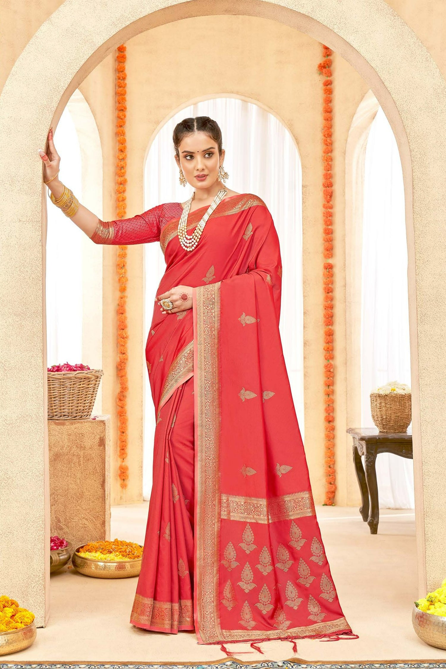 Blushing Red Satin Saree