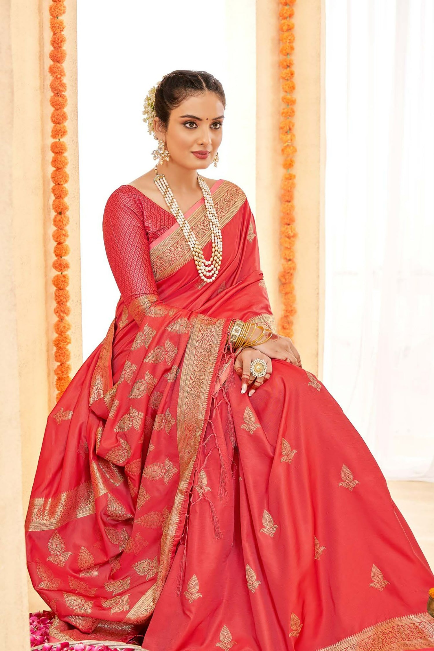 Blushing Red Satin Saree
