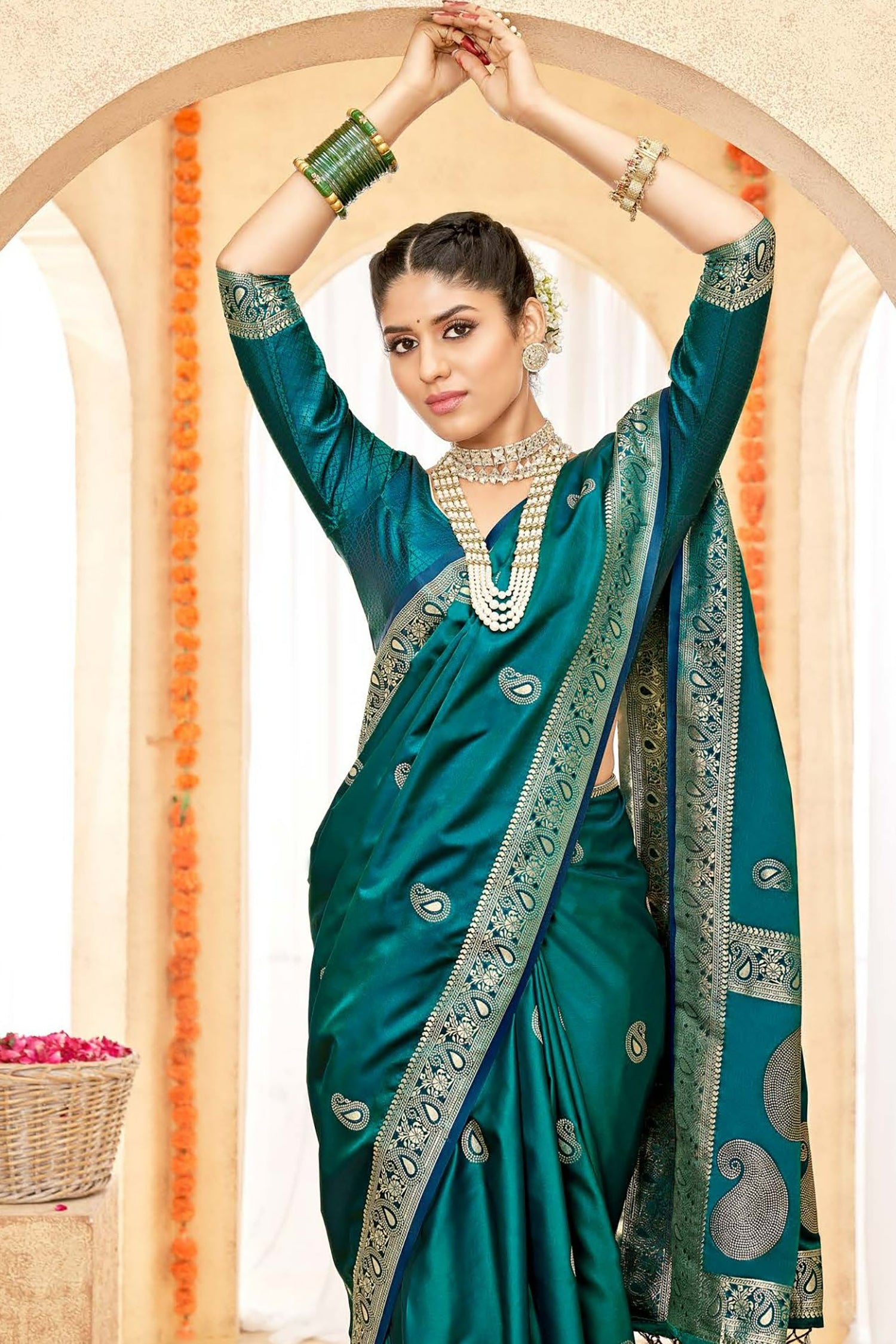 Alluring Teal Satin Saree
