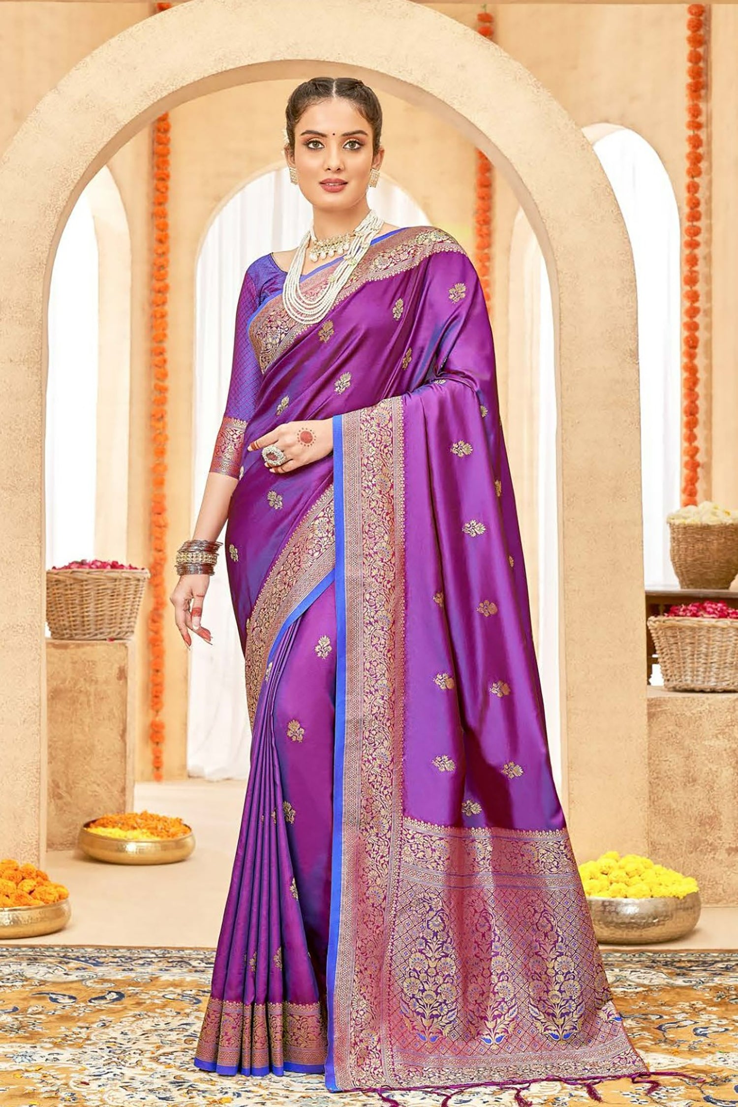 Rich Violet Satin Saree With Floral Motifs