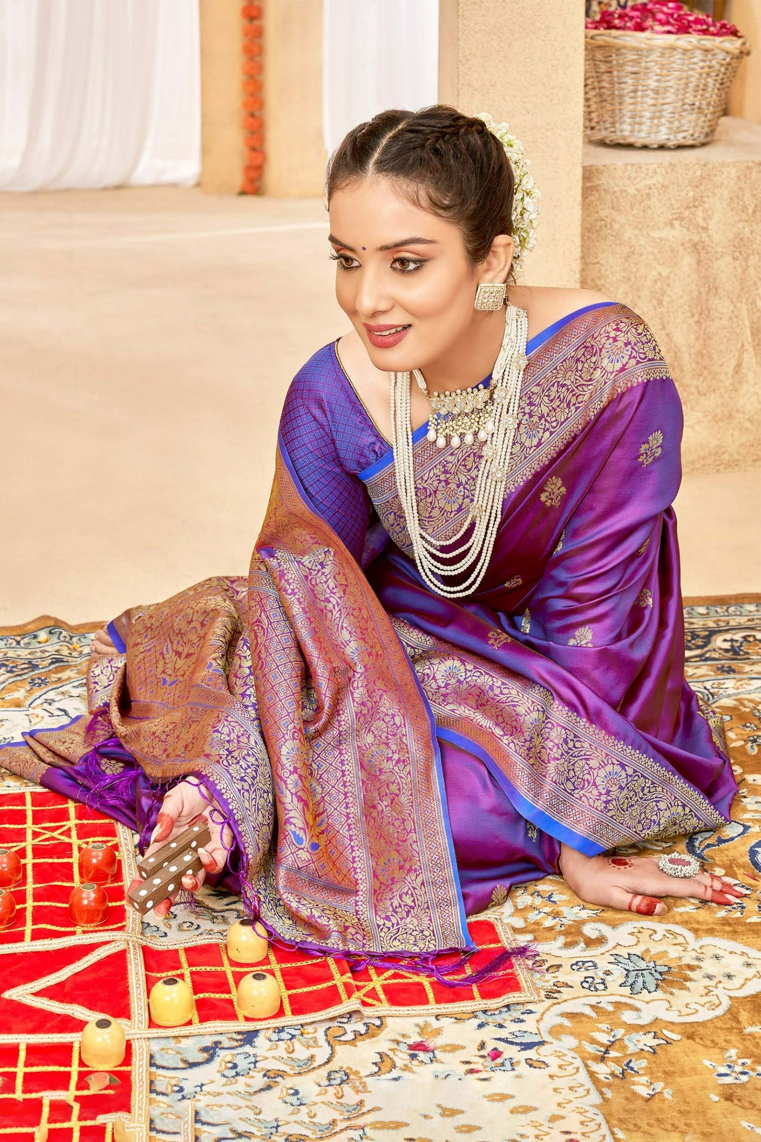 Rich Violet Satin Saree With Floral Motifs