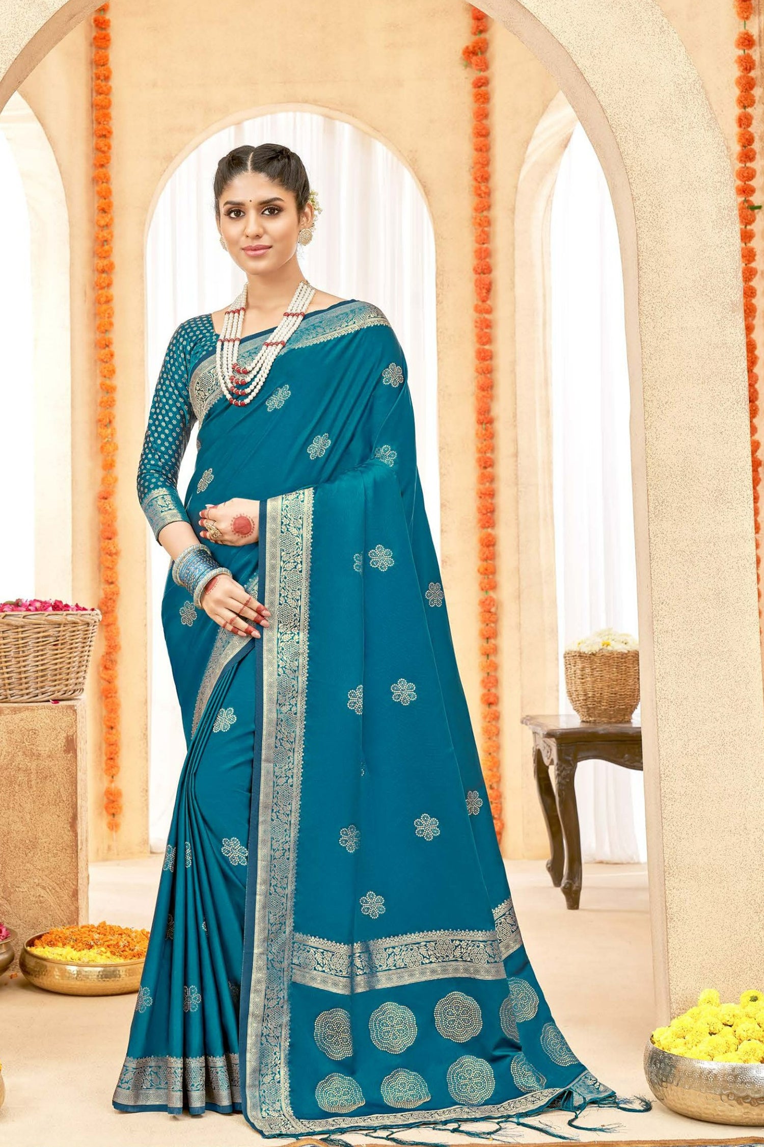 Sophisticated Blue Satin Saree