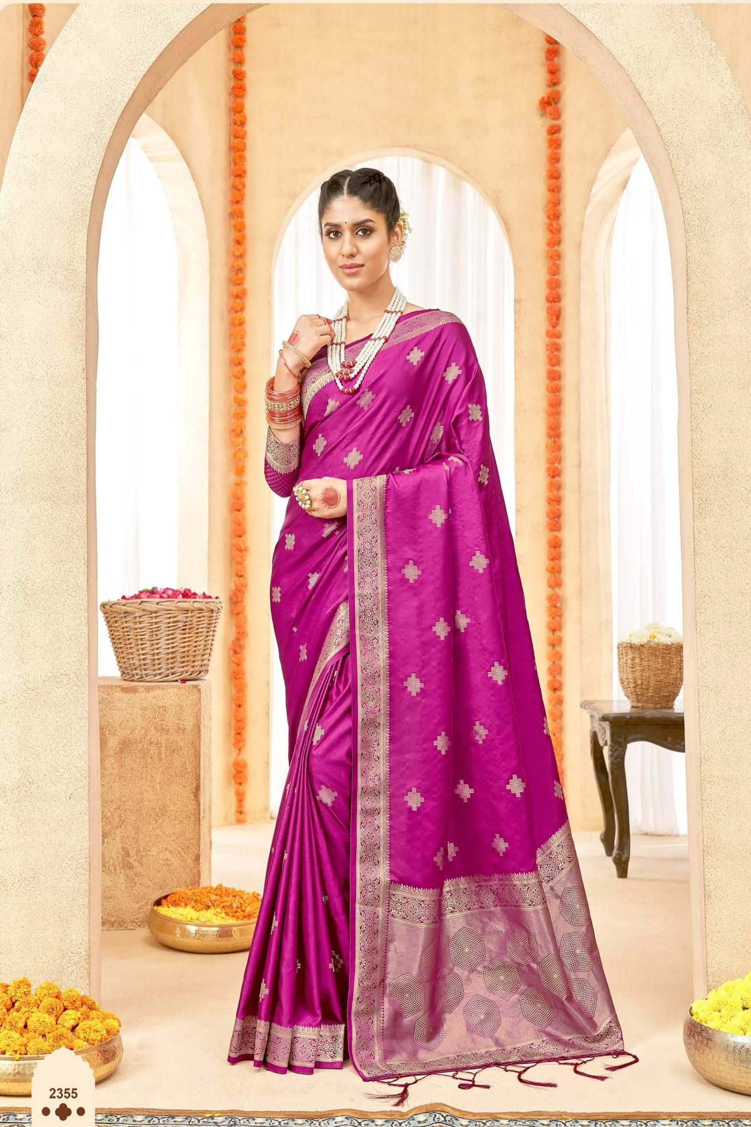 Pink Satin Saree With Gold Zari