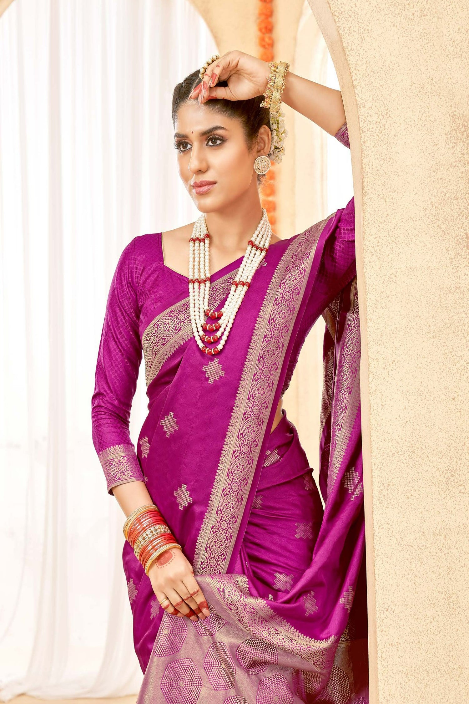 Pink Satin Saree With Gold Zari
