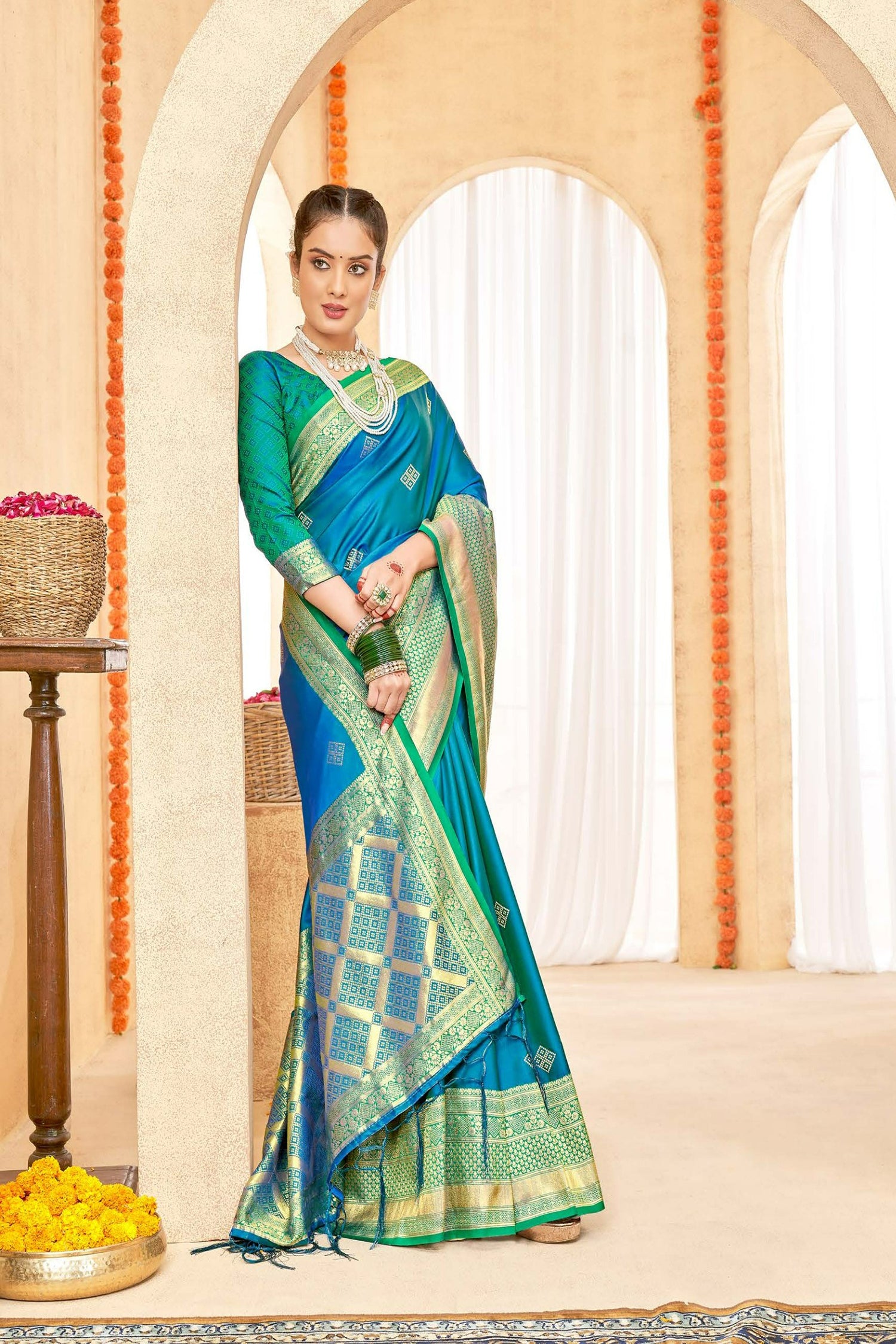 Contemporaryteal Blue Satin Saree