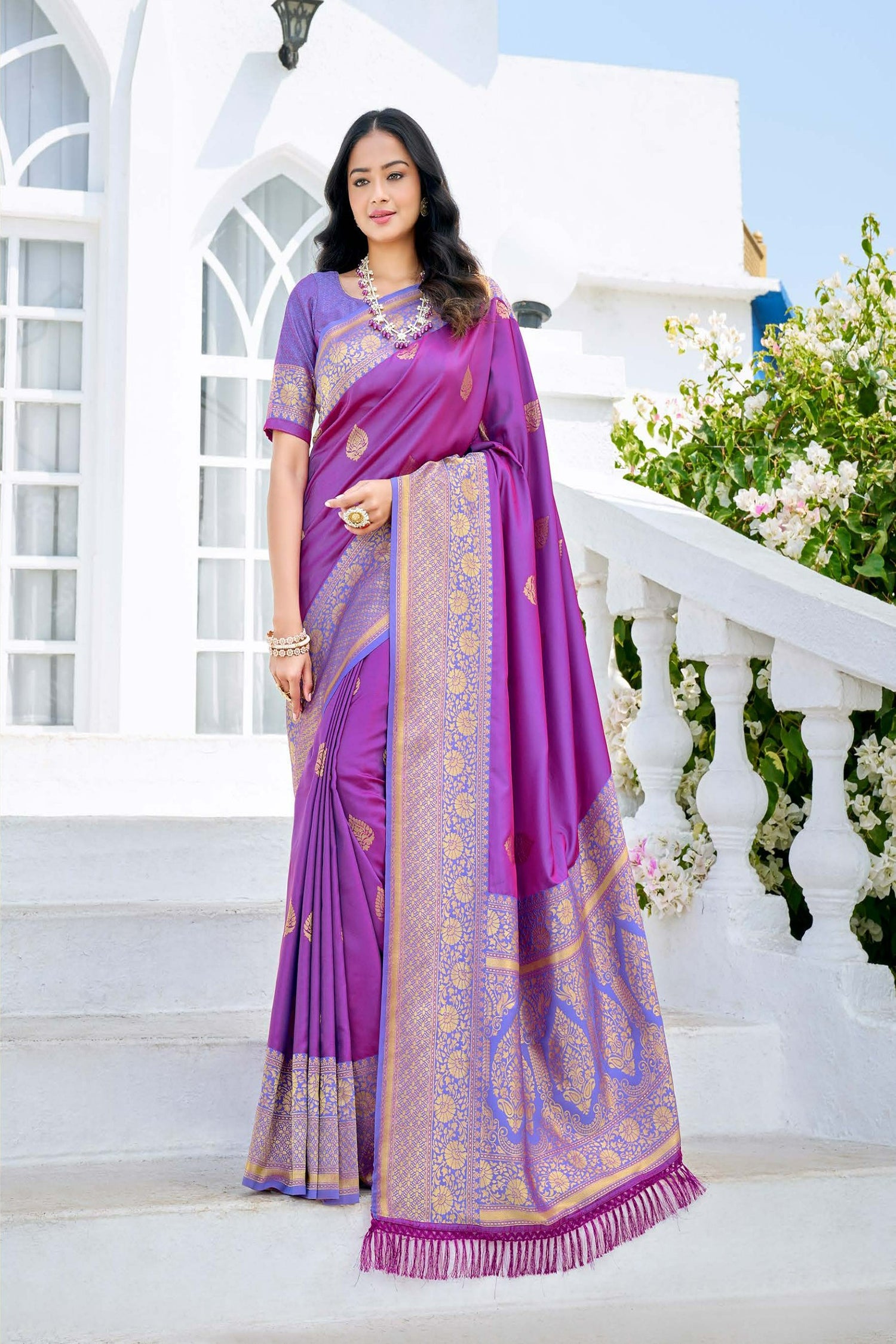 Purple Satin Saree With Golden Floral Border