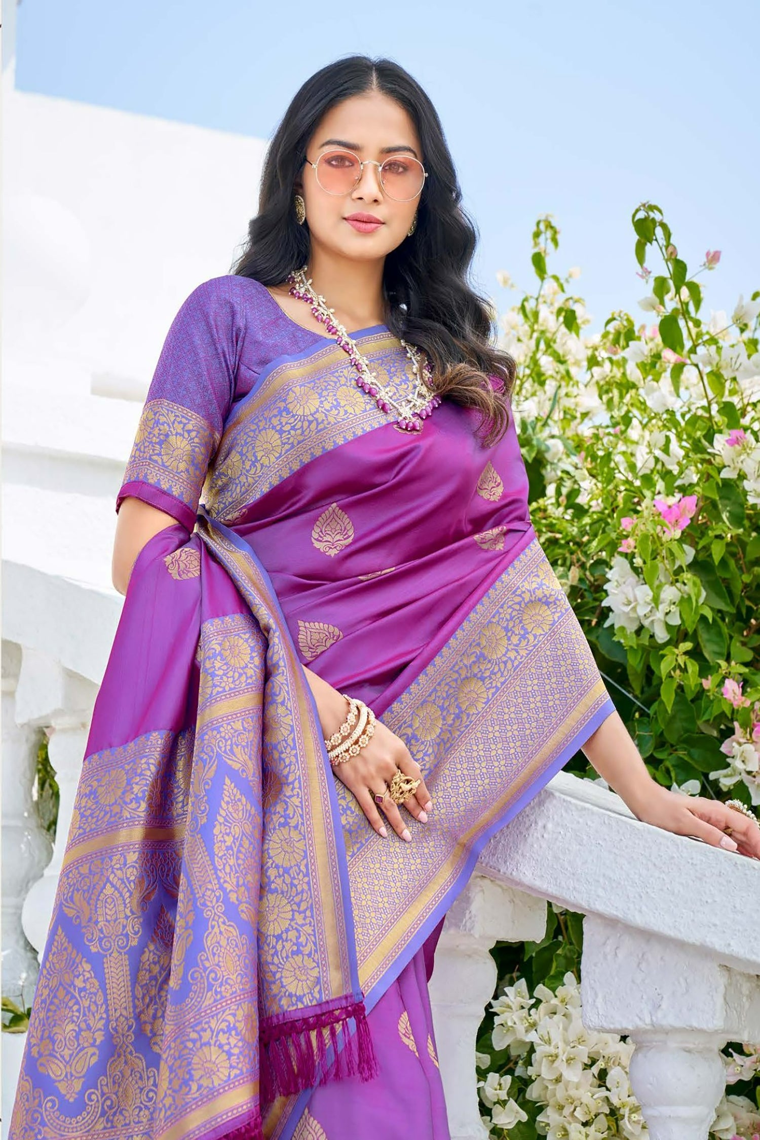 Purple Satin Saree With Golden Floral Border