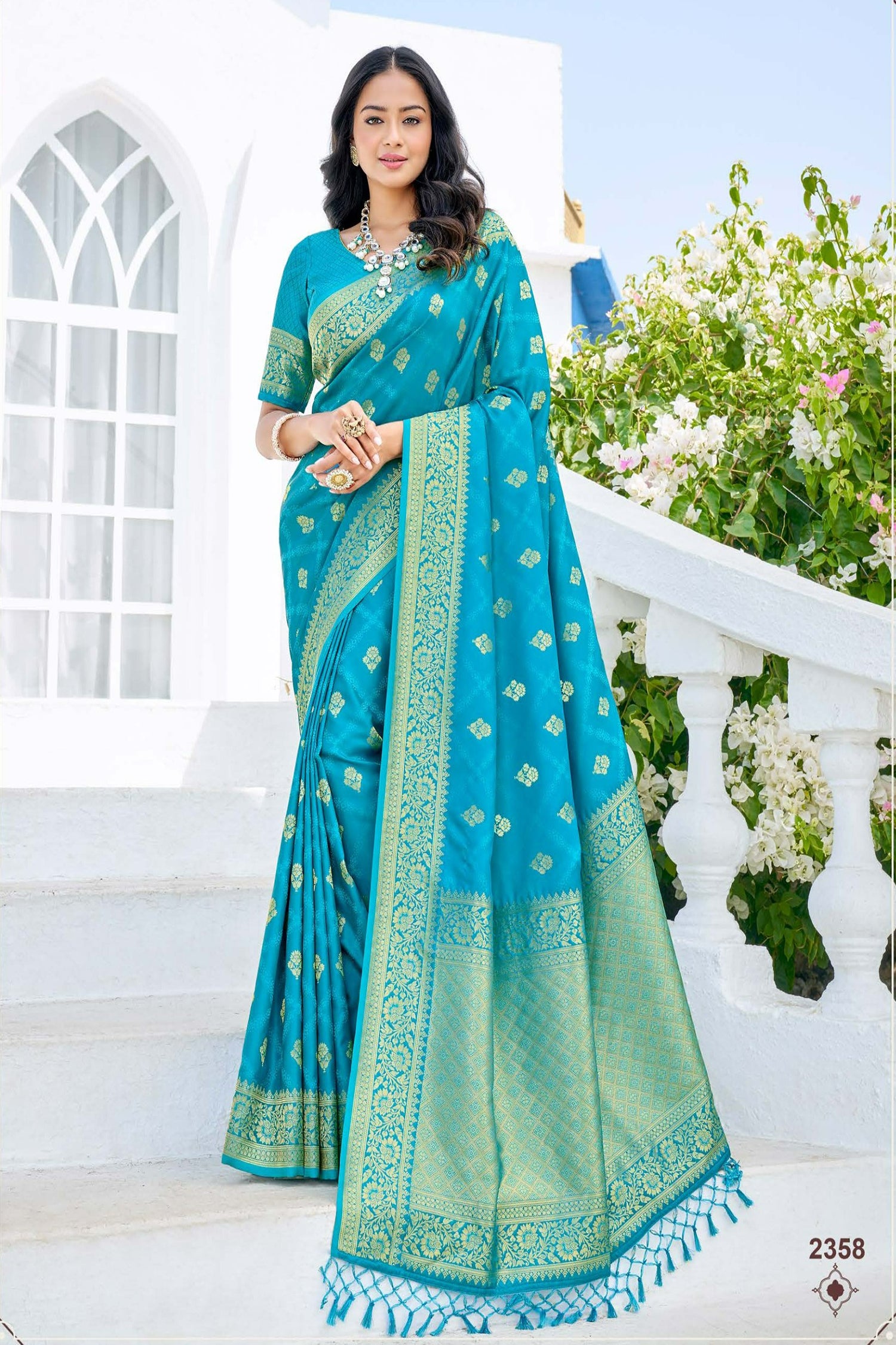 Sky Blue Satin Sare With Golden Border