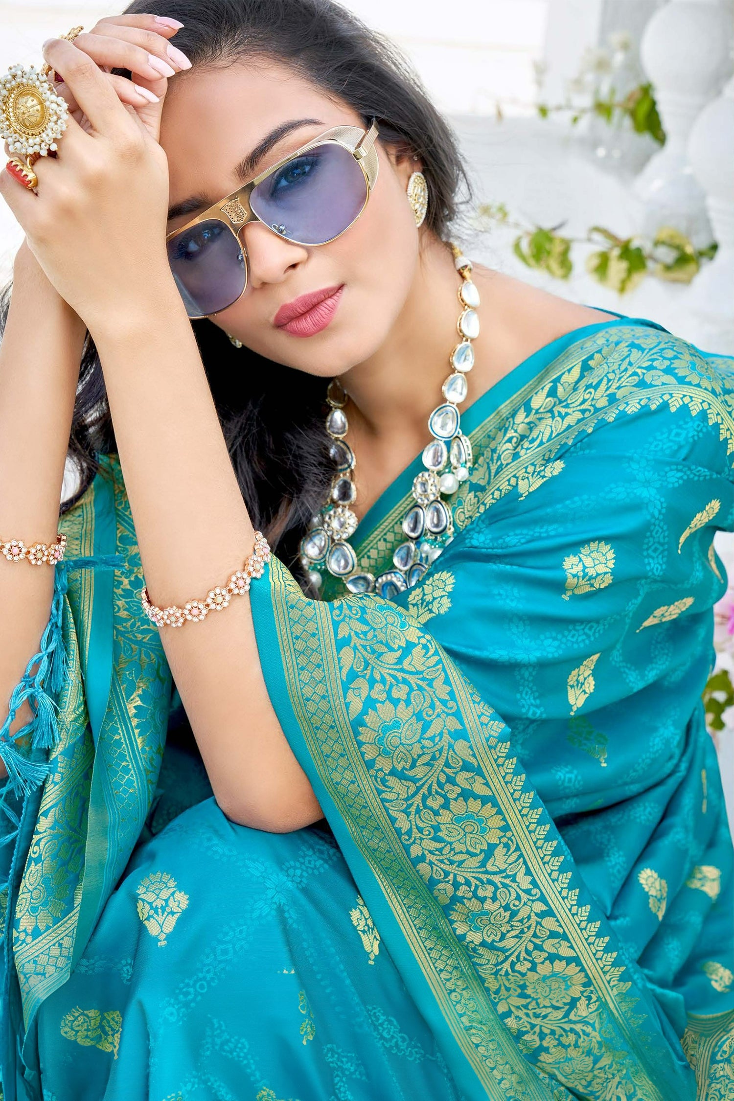 Sky Blue Satin Sare With Golden Border