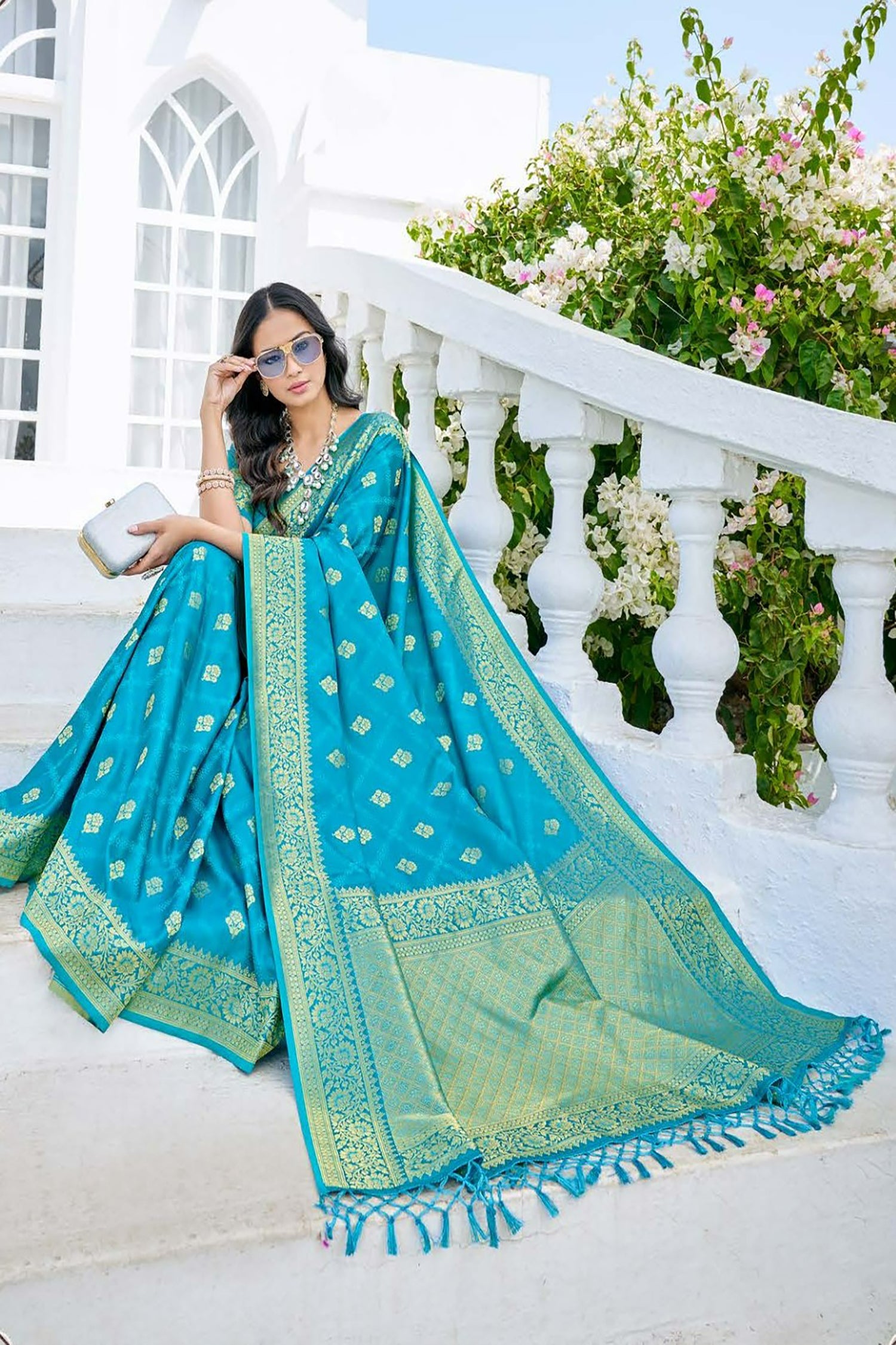 Sky Blue Satin Sare With Golden Border