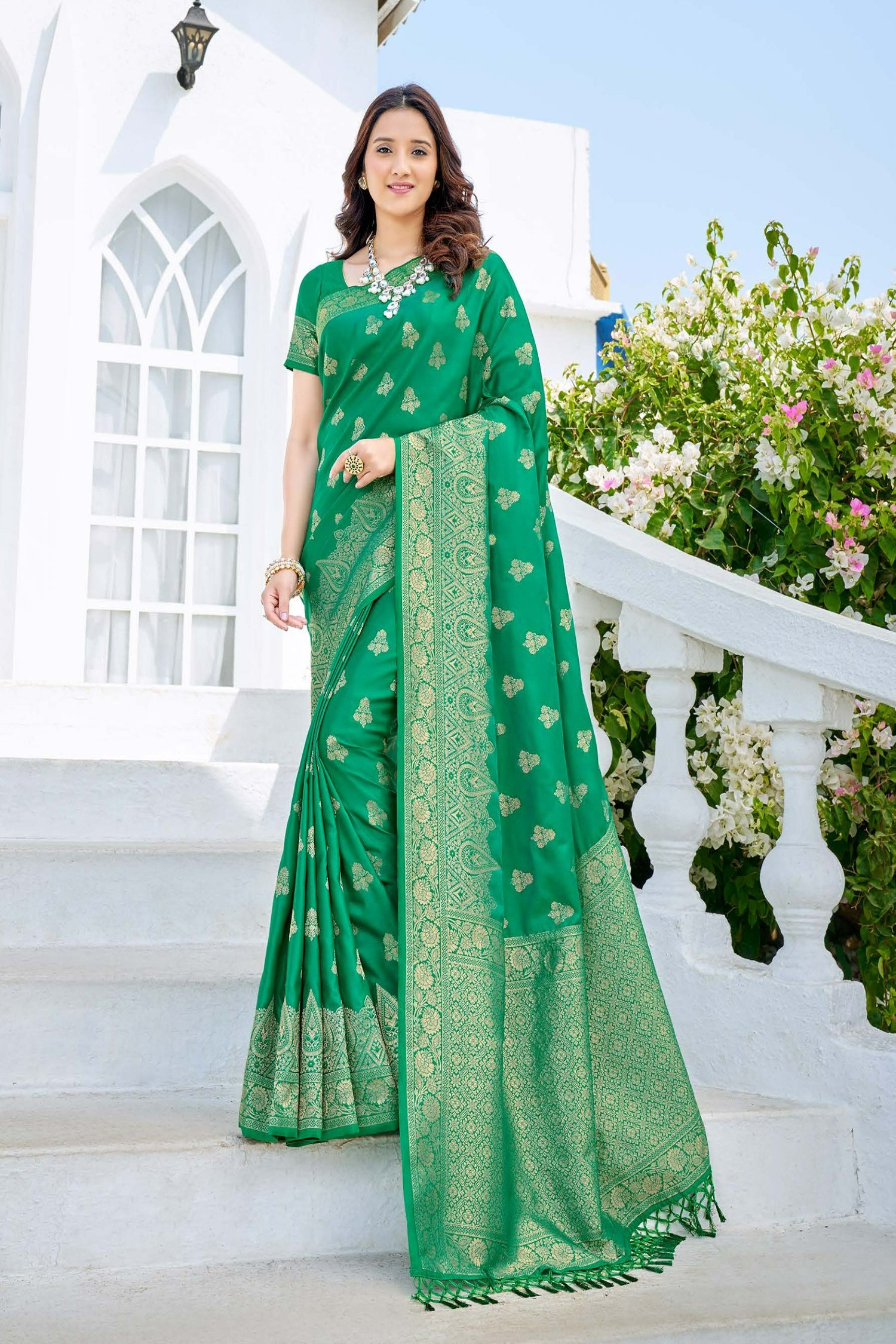 Charming Green Satin Saree