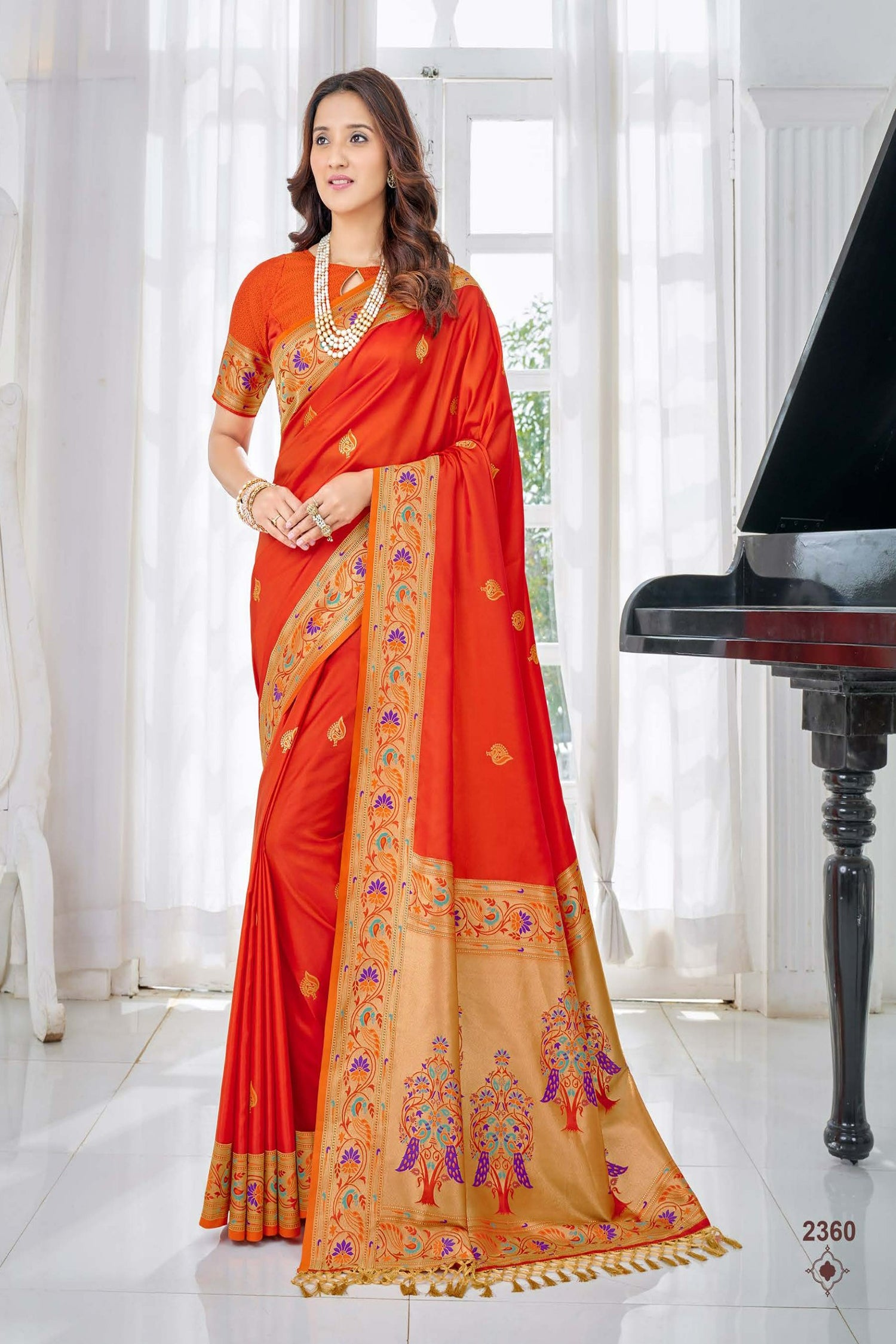 Orange Semi Paithan Satin Saree