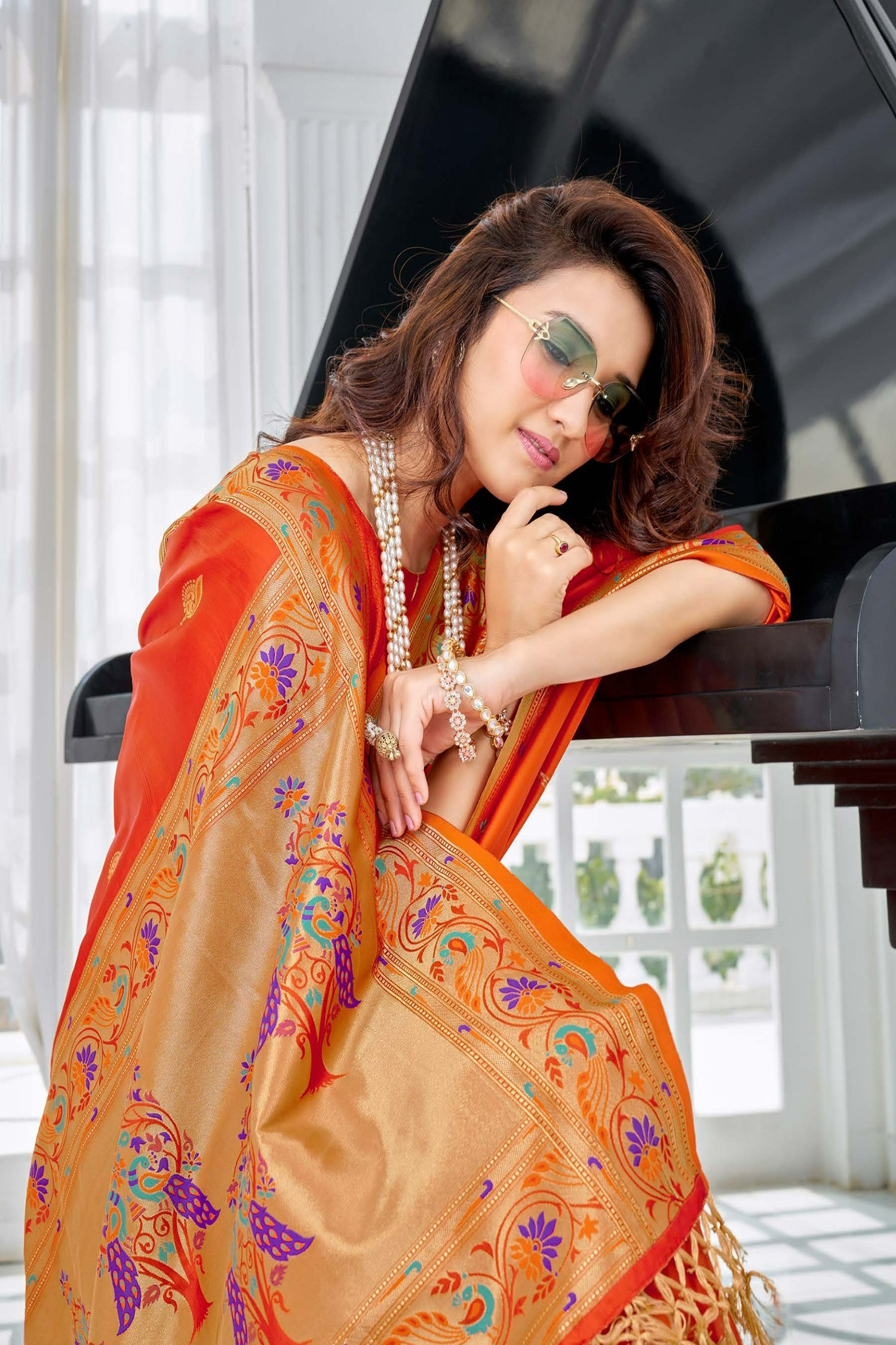 Orange Semi Paithan Satin Saree