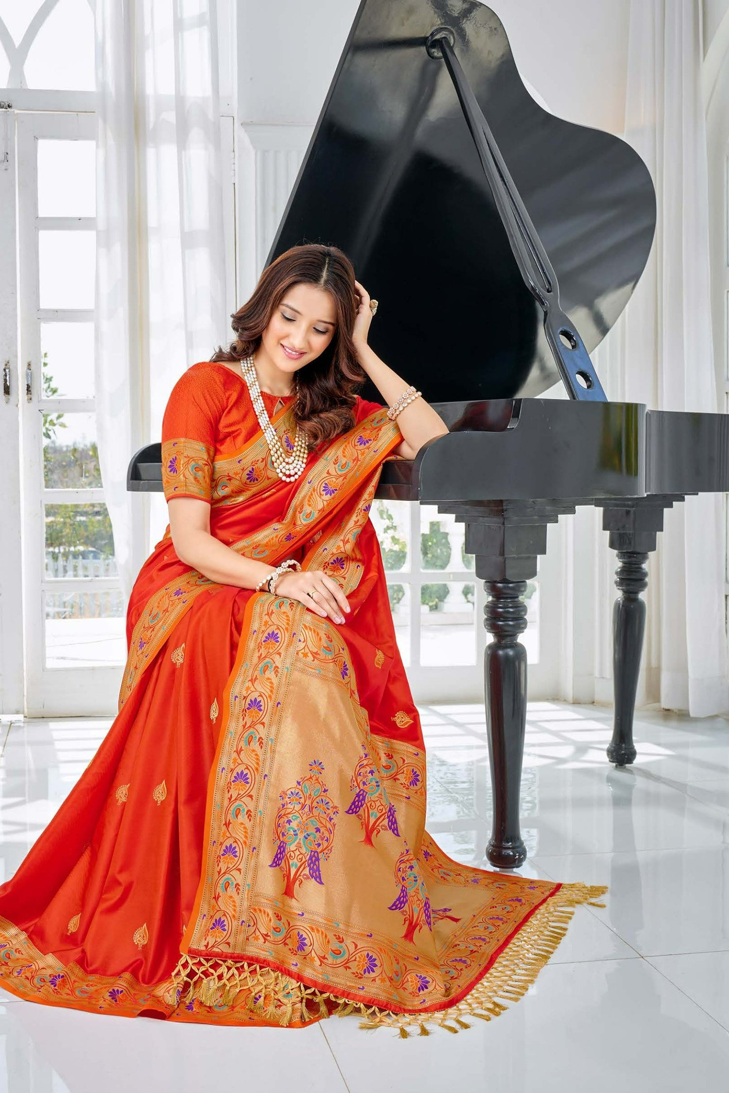 Orange Semi Paithan Satin Saree