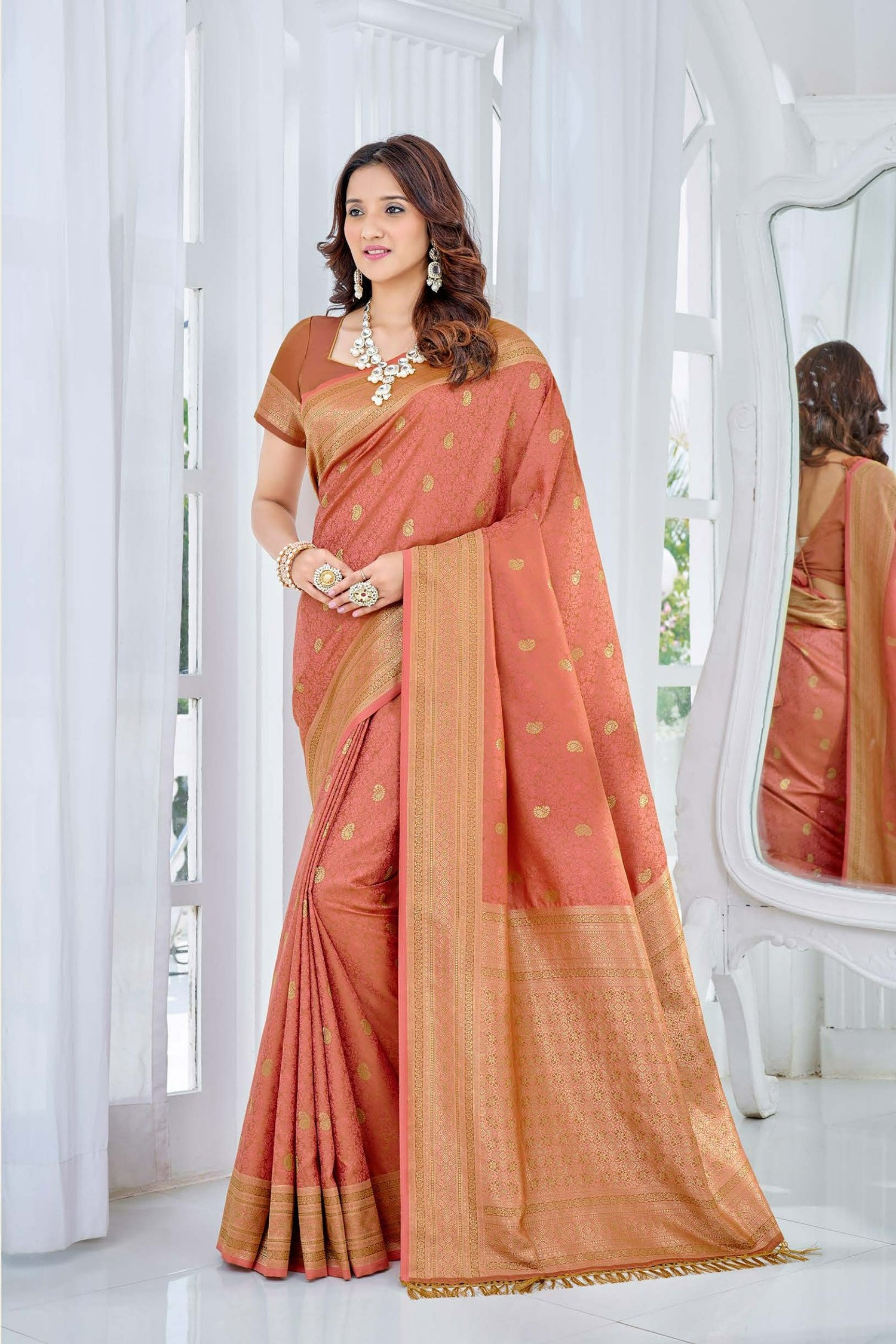 Peach Satin Saree With Golden Zari