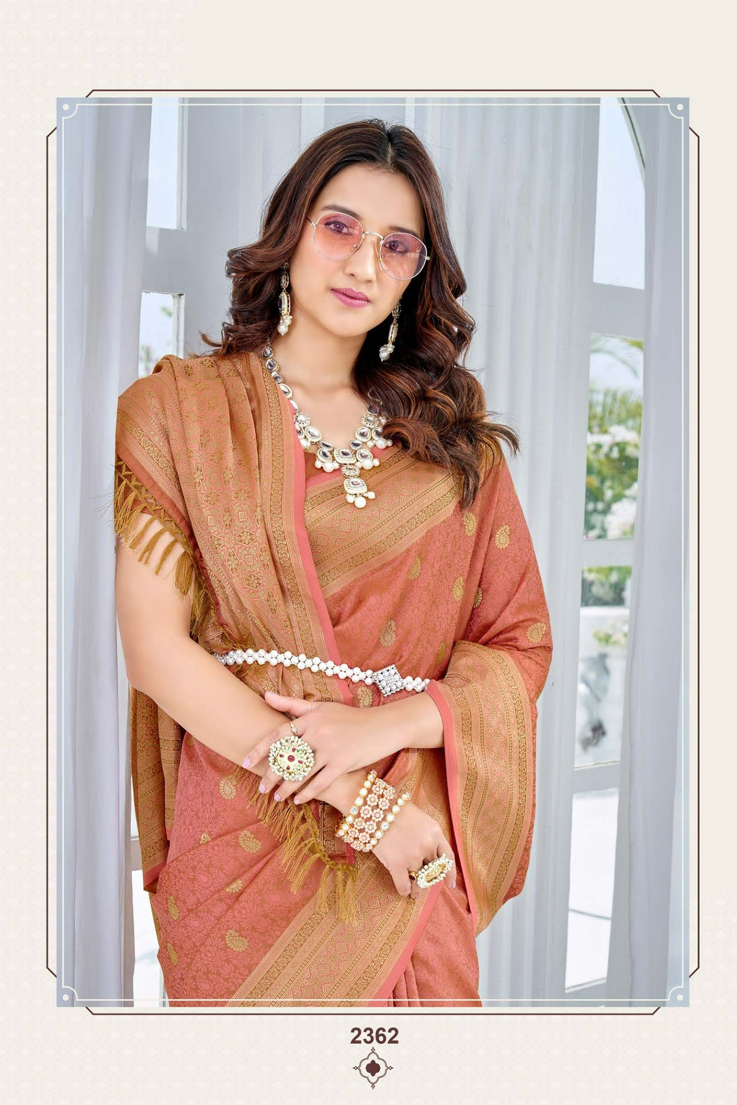 Peach Satin Saree With Golden Zari