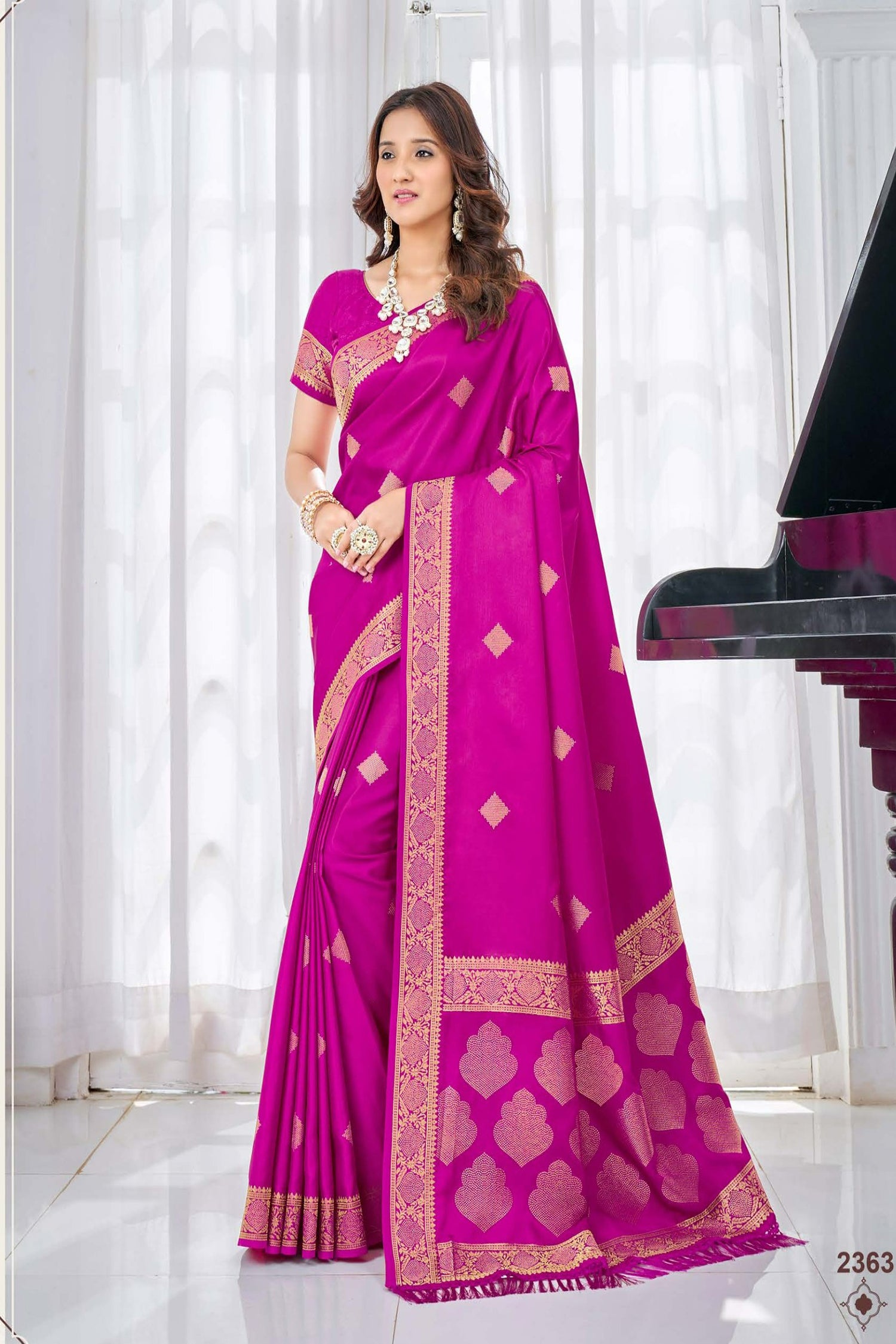 Dark Pink Satin Saree With Geometric Grace And Golden Touches